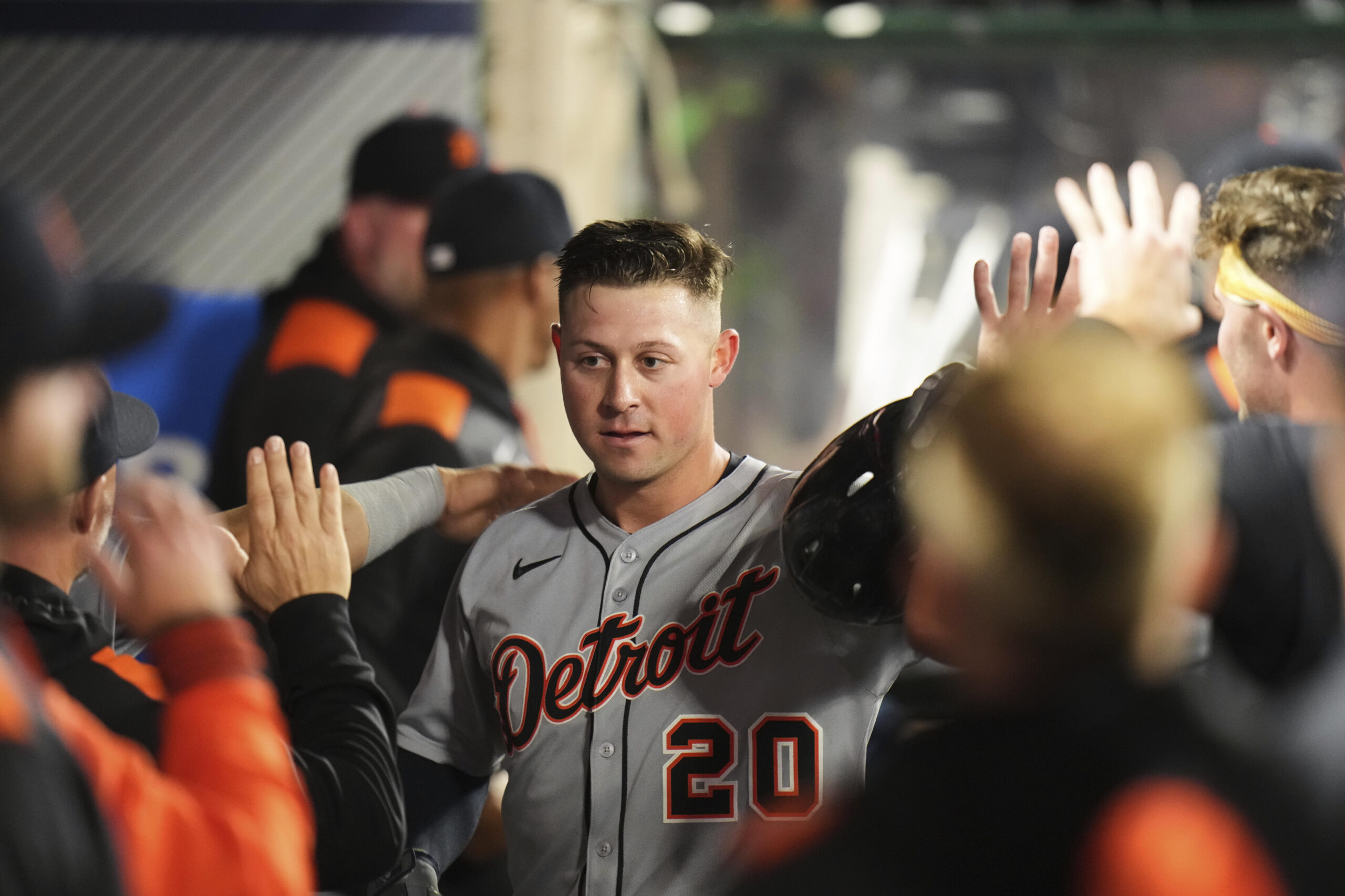 The Detroit Tigers’ Spencer Torkelson (20) celebrates his home run...