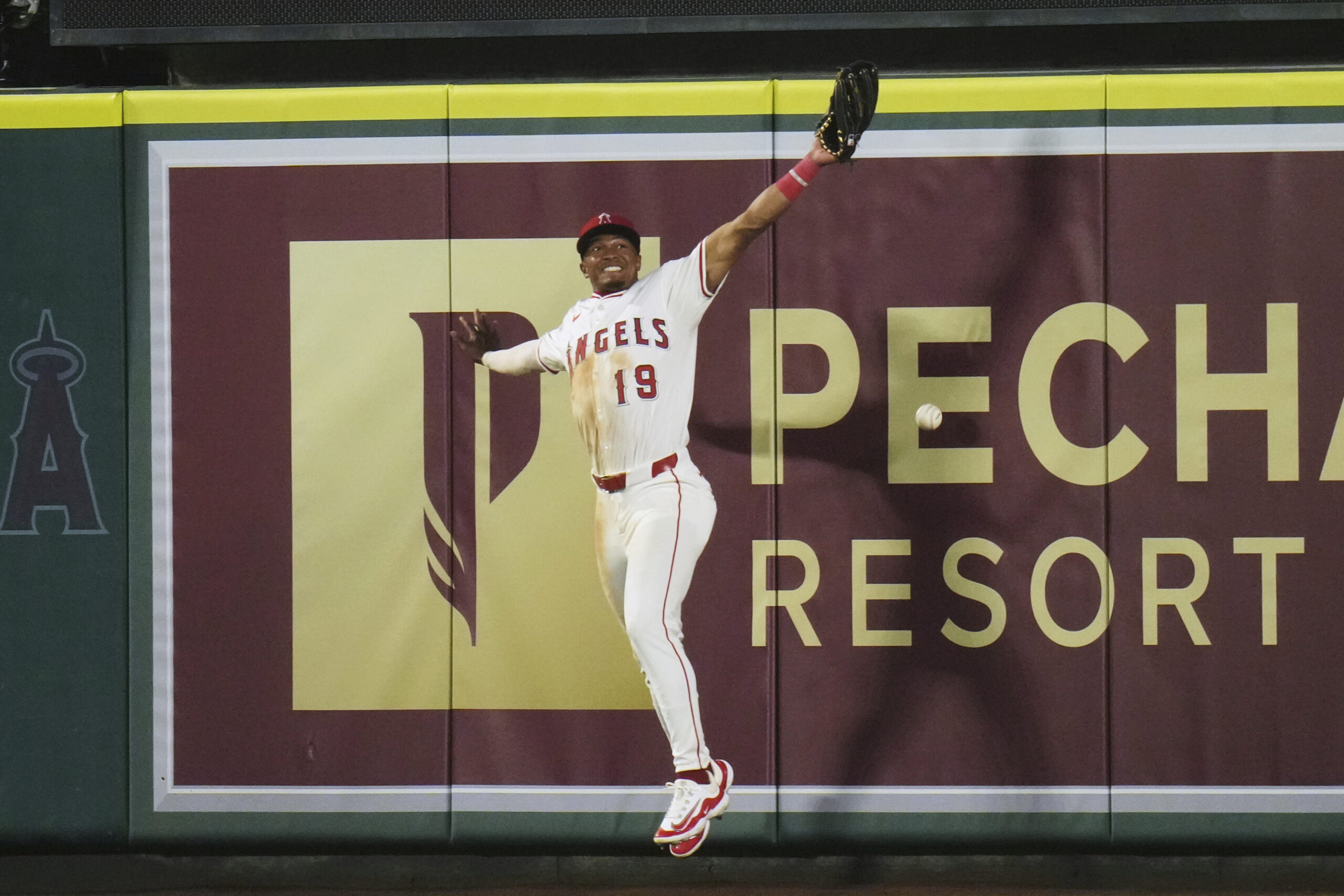 Angels center fielder Kyren Paris can’t make the catch on...