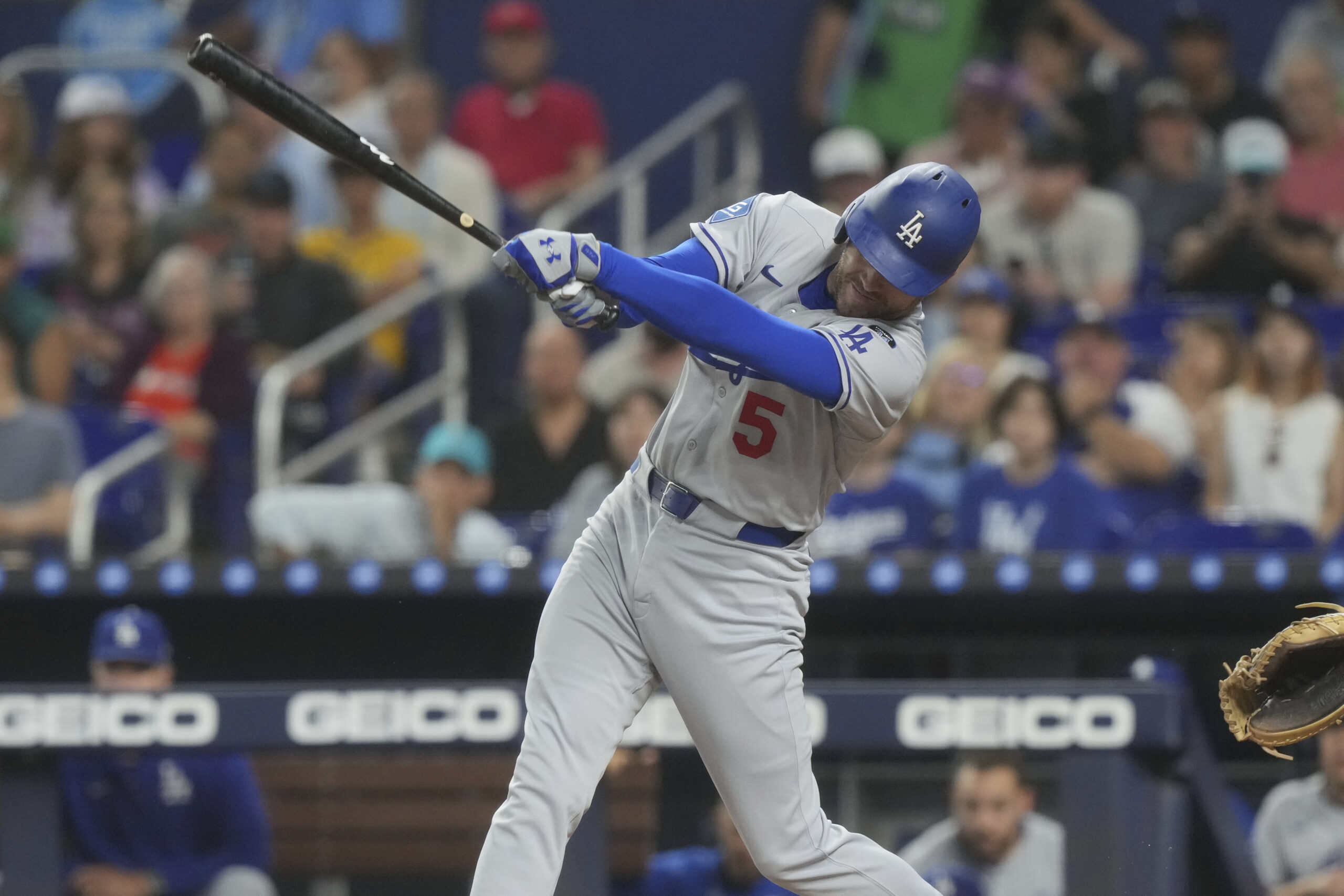The Dodgers’ Freddie Freeman singles during the first inning of...
