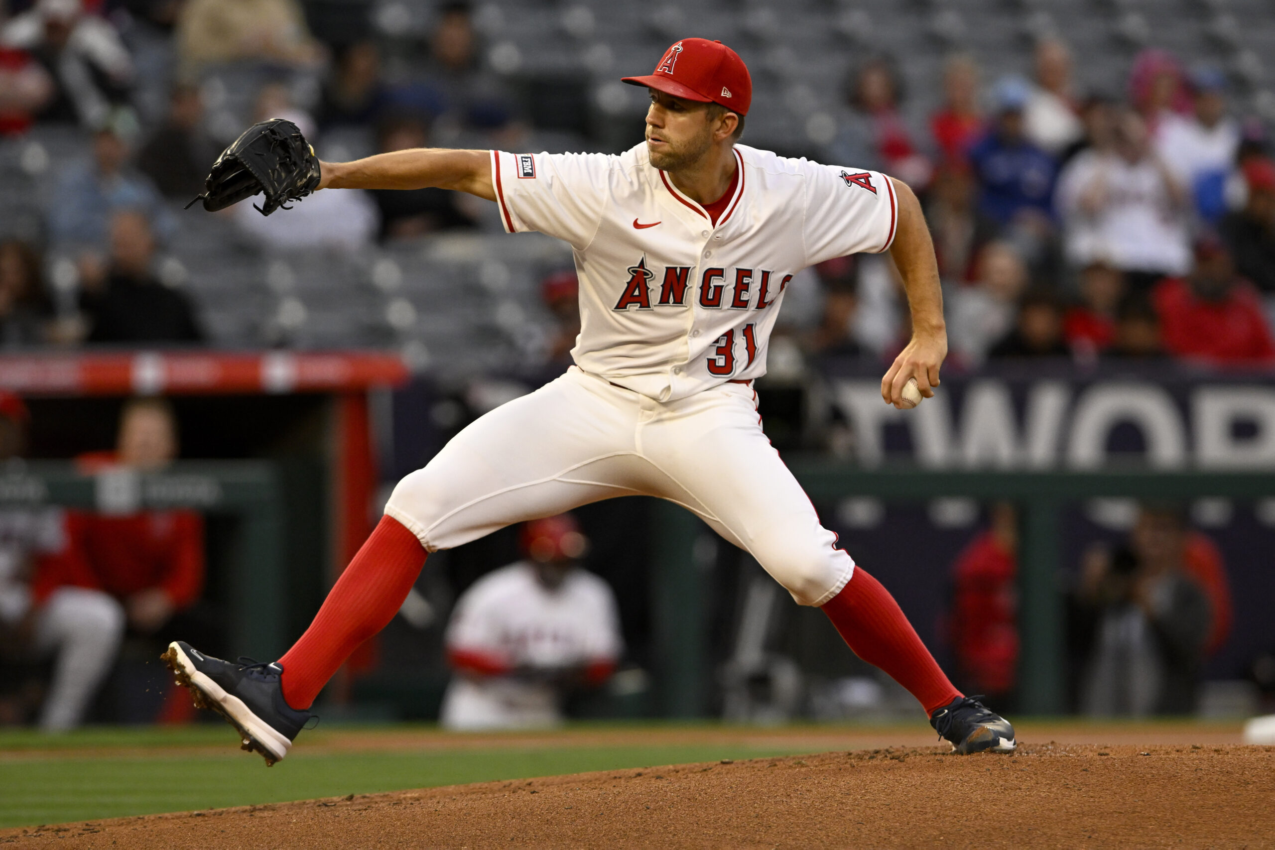 Angels starting pitcher Tyler Anderson throws to the plate during...
