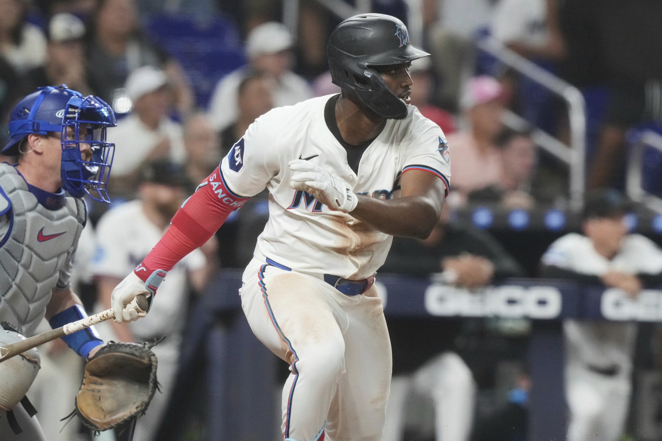 The Miami Marlins’ Jesús Sánchez hits a walk-off single during...