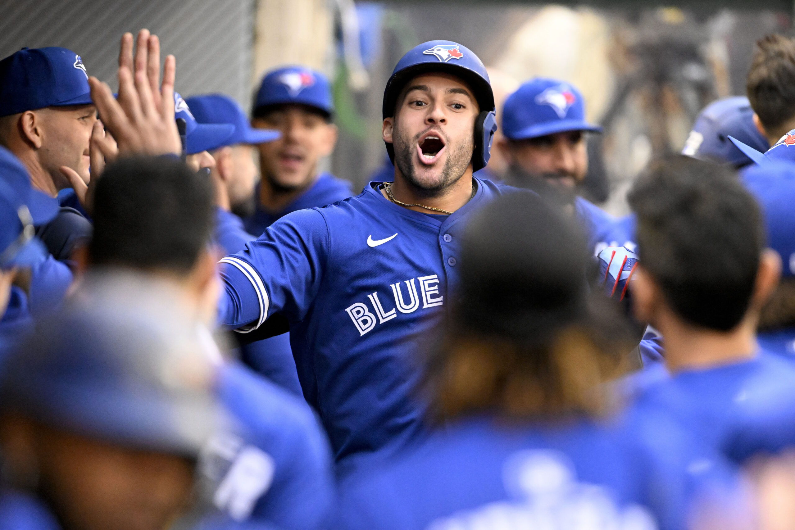 The Toronto Blue Jays’ George Springer celebrates in the dugout...
