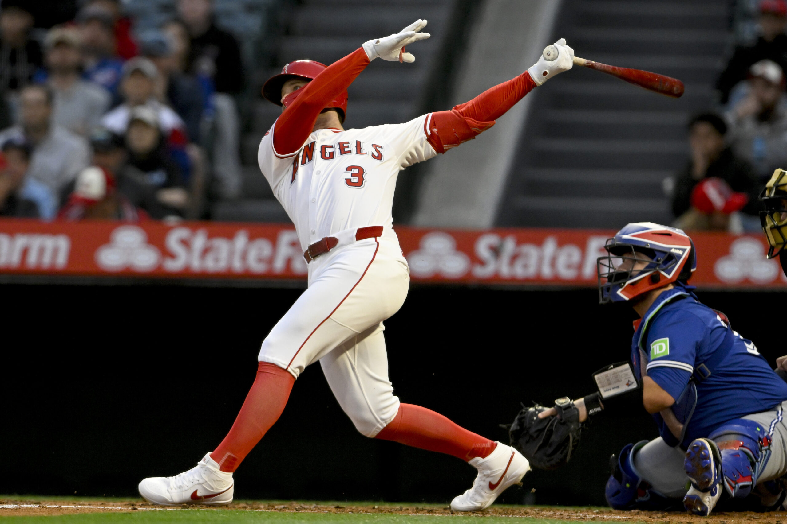 The Angels’ Taylor Ward hits a two-run home run during...