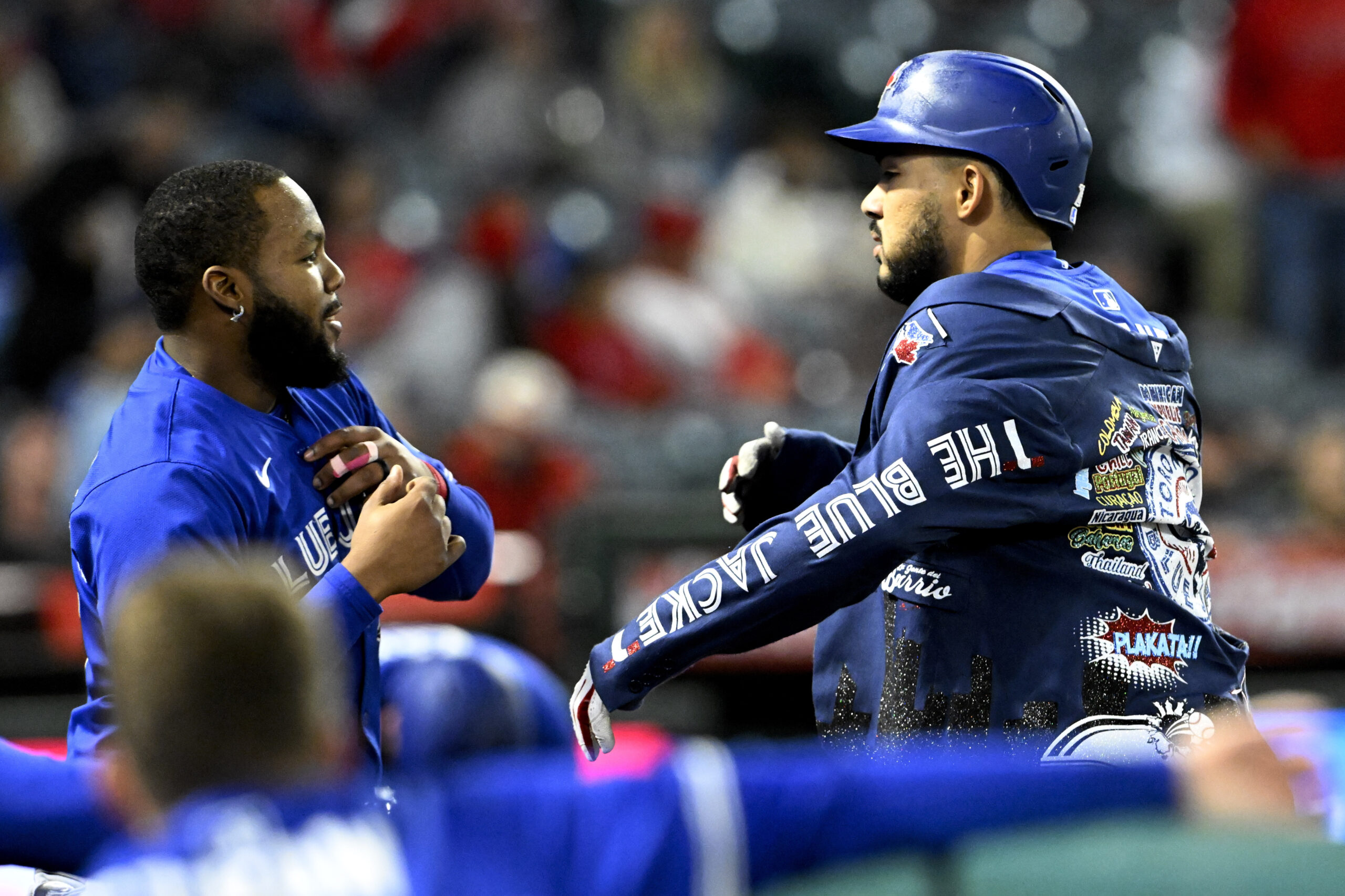 The Toronto Blue Jays’ Vladimir Guerrero Jr., left, celebrates Anthony...