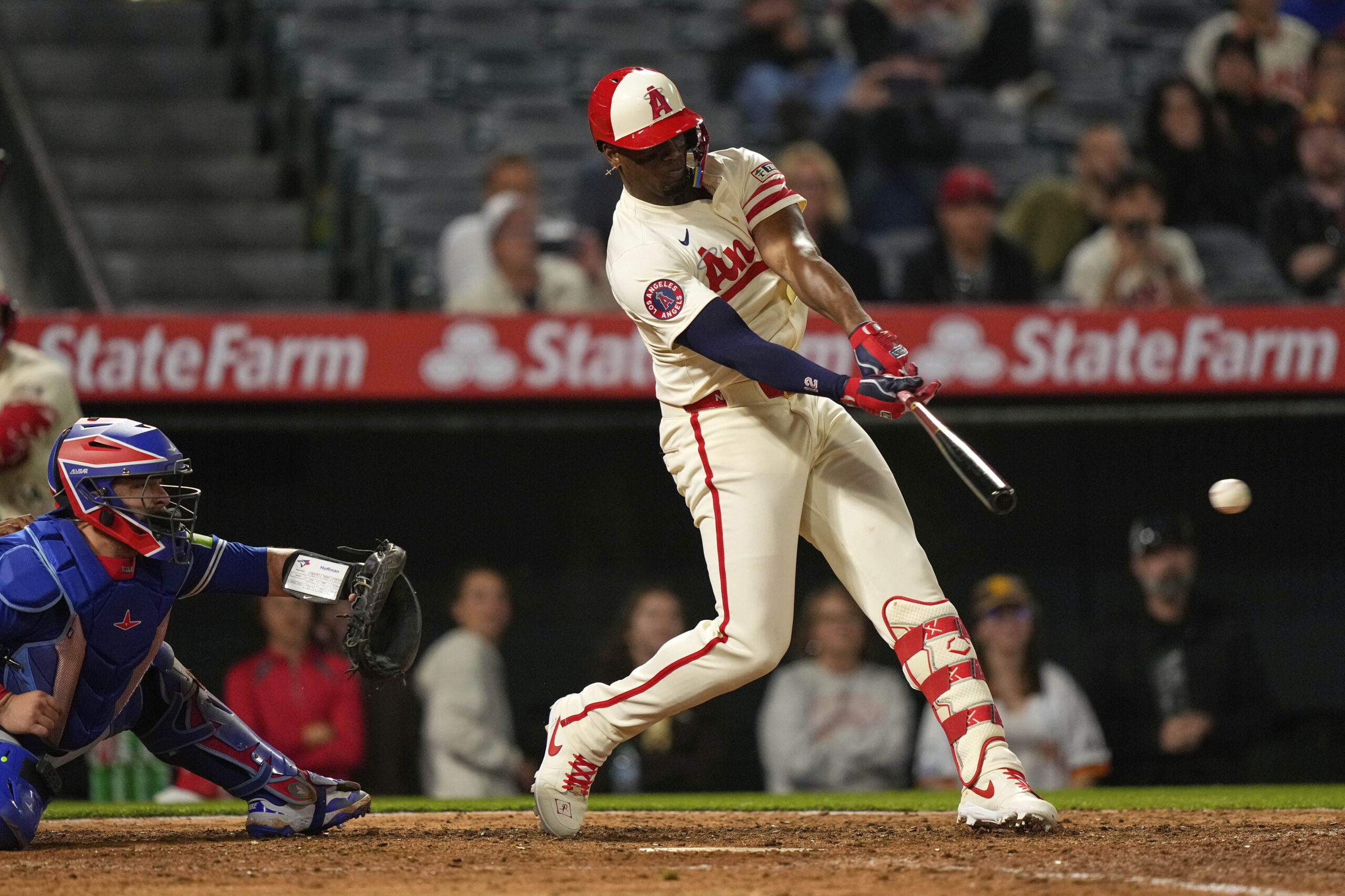 The Angels’ Jorge Soler hits a three-run walk-off double during...