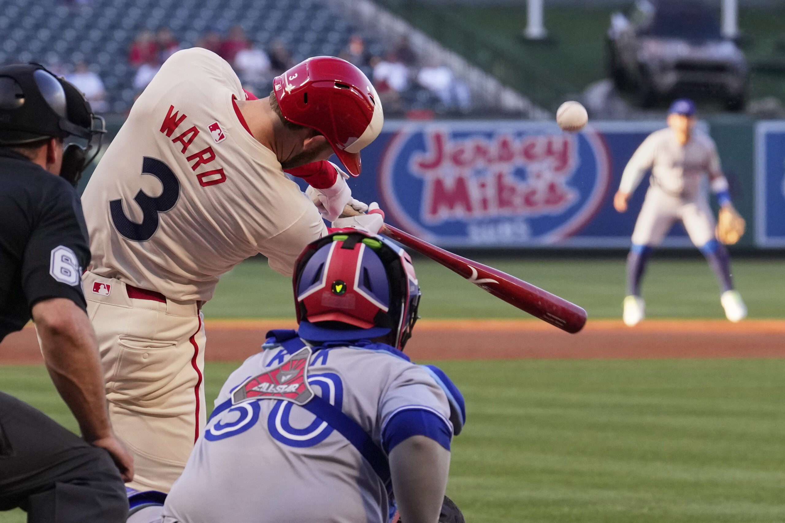 The Angels’ Taylor Ward hits a two-run home run during...