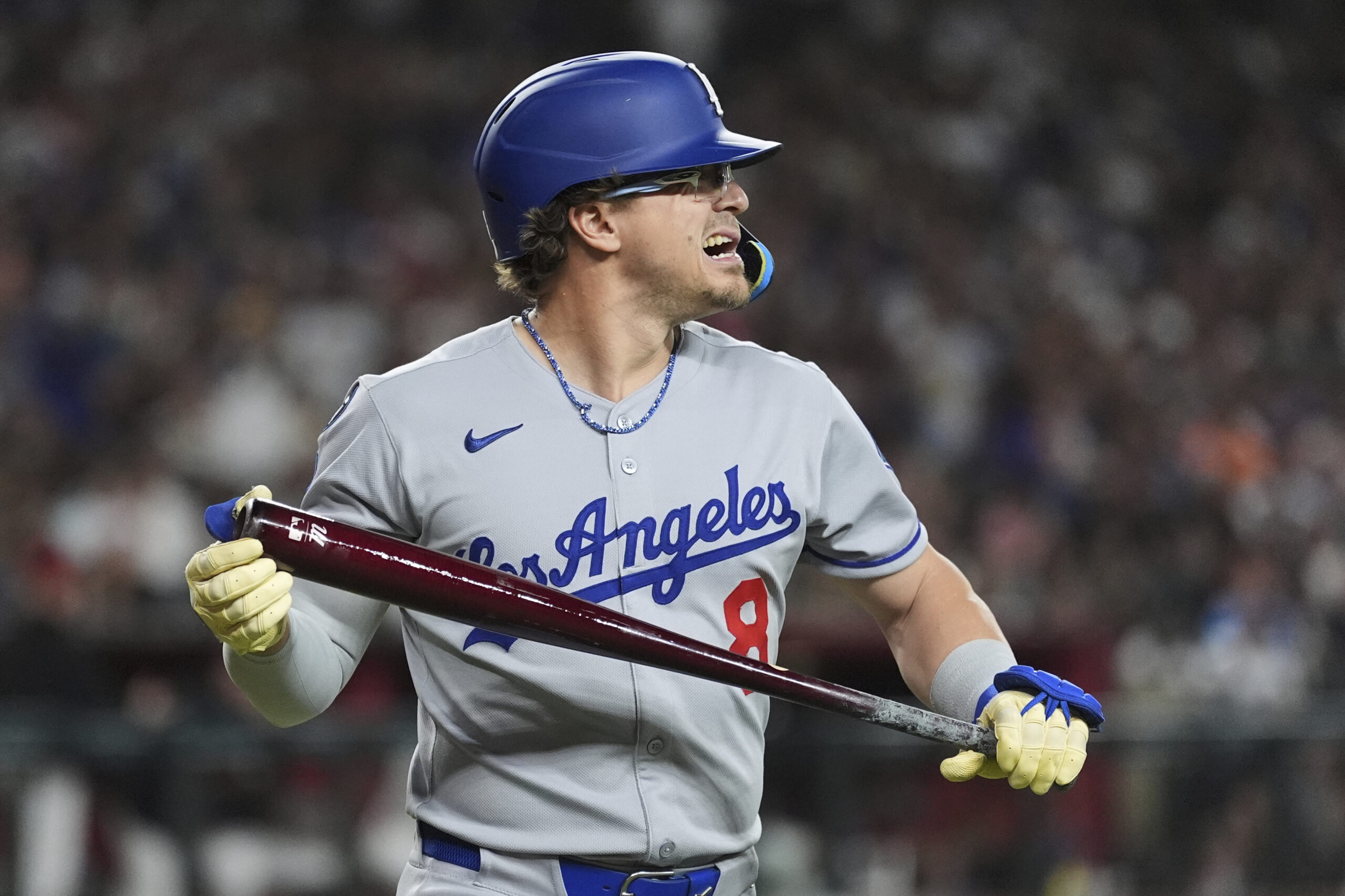 The Dodgers’ Kiké Hernández reacts to striking out during the...