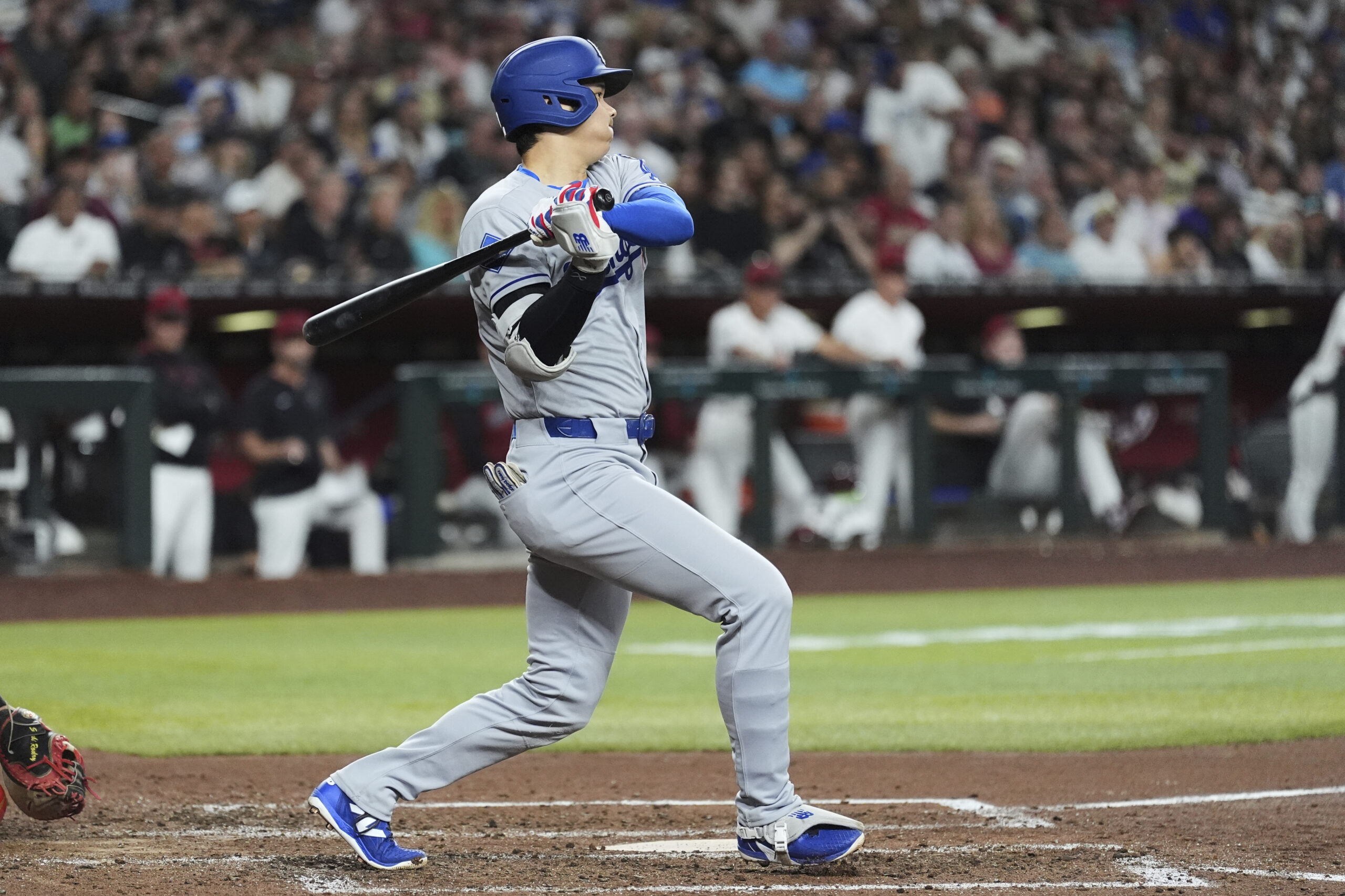 Dodgers star Shohei Ohtani grounds out during the fifth inning...