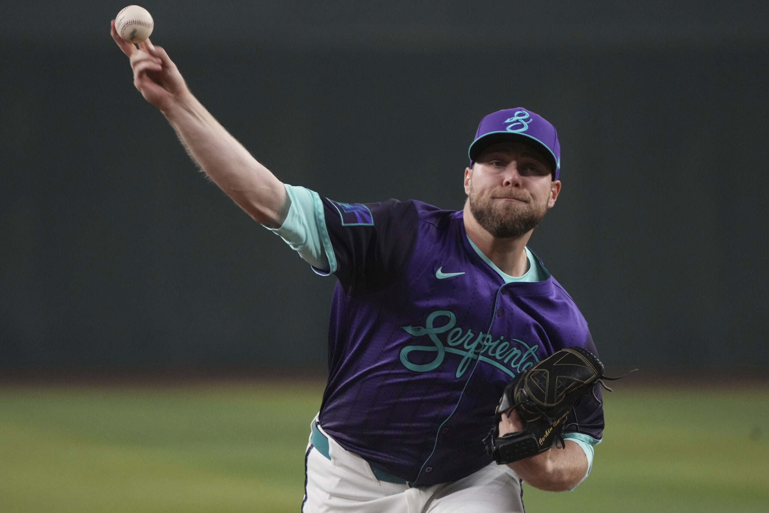 Arizona Diamondbacks pitcher Corbin Burnes throws against the Dodgers in...