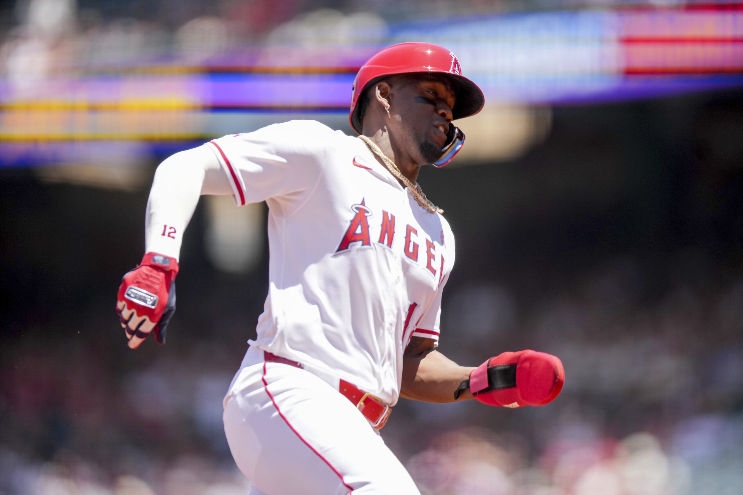 Angels’ Jorge Soler runs home during the first inning of...