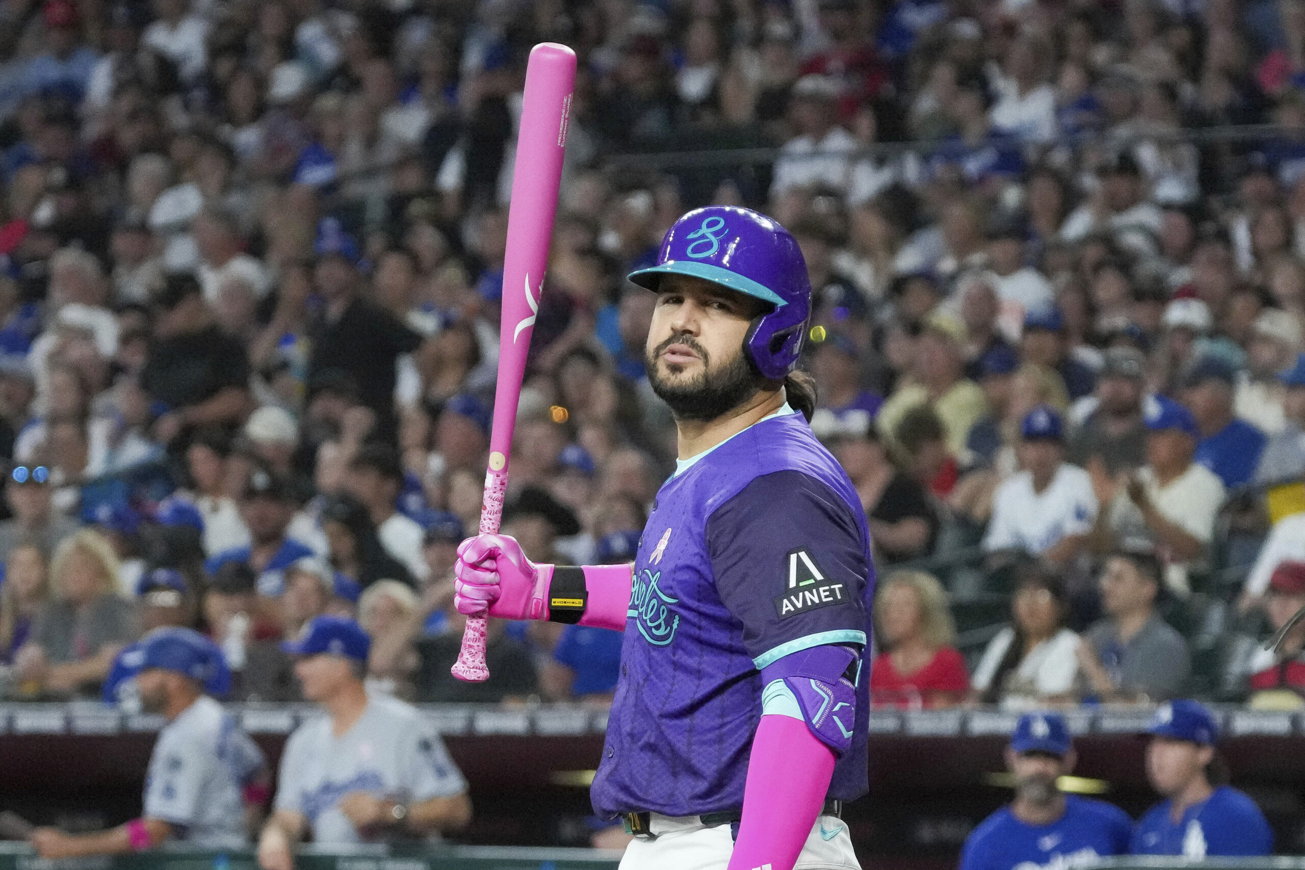 Arizona Diamondbacks’ Eugenio Suárez reacts after striking out against the...