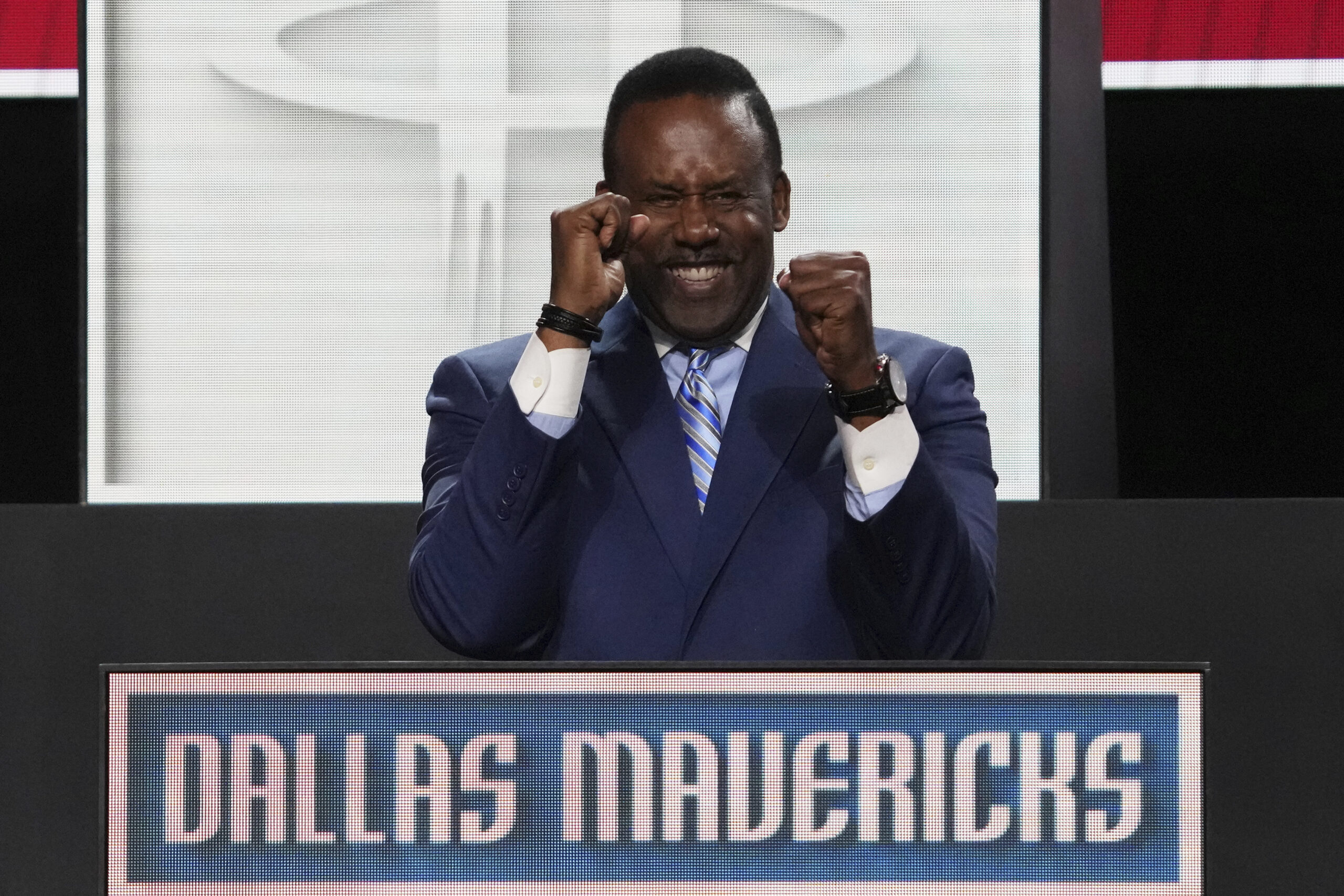Former Dallas Mavericks player Rolando Blackman celebrates after NBA deputy...