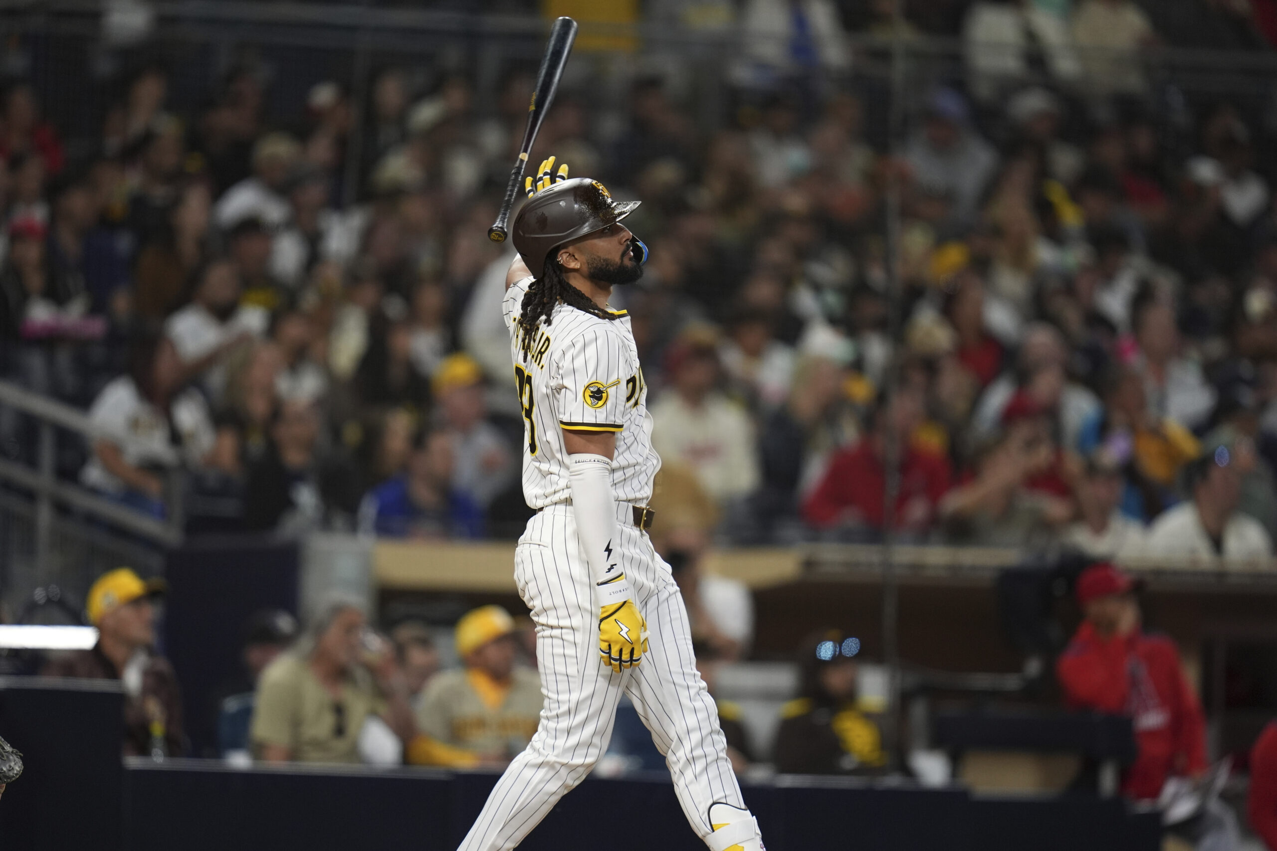 The San Diego Padres’ Fernando Tatis Jr. watches the flight...