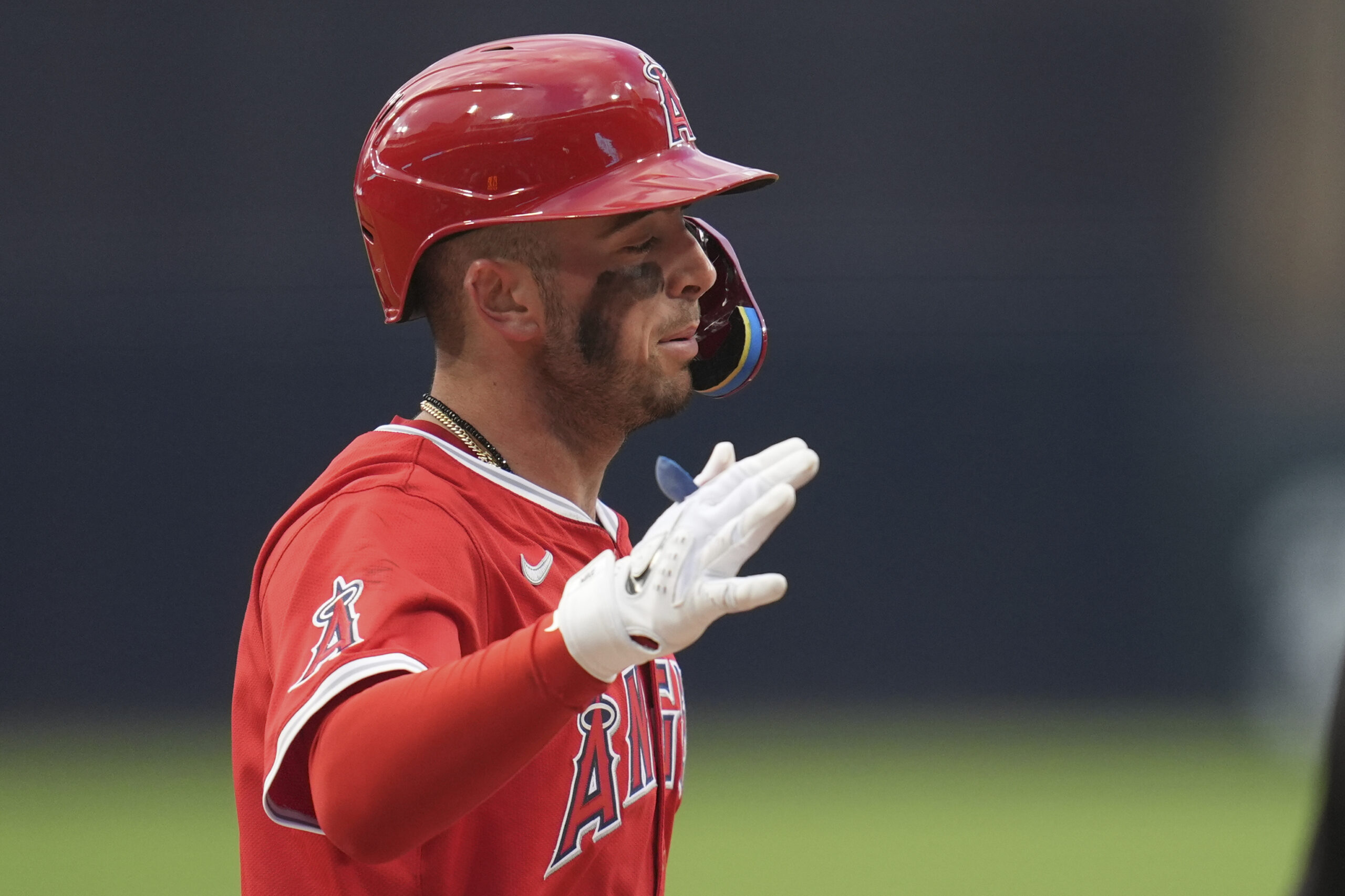 The Angels’ Zach Neto celebrates after hitting a home run...