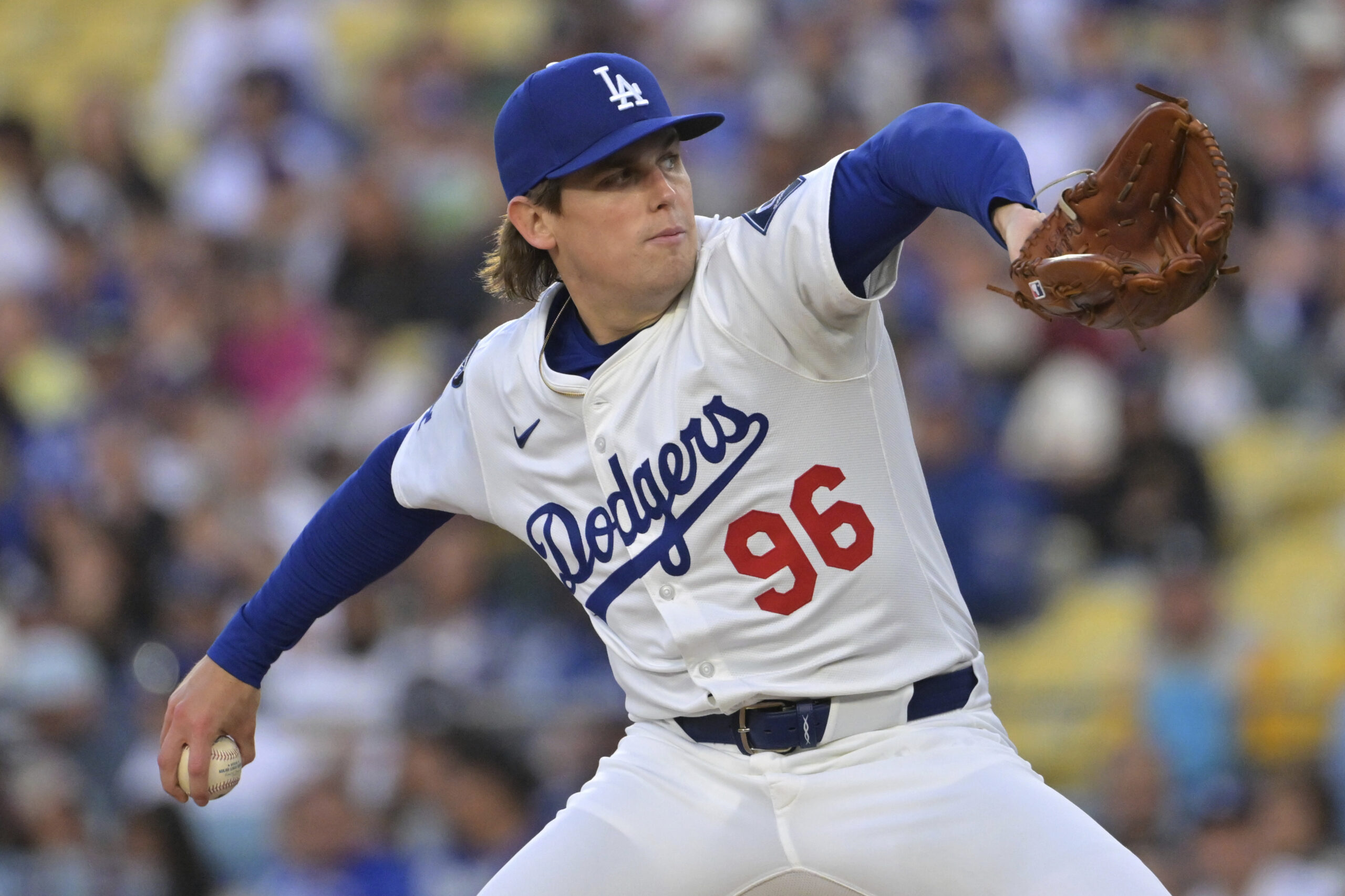 Dodgers starting pitcher Landon Knack throws to the plate during...