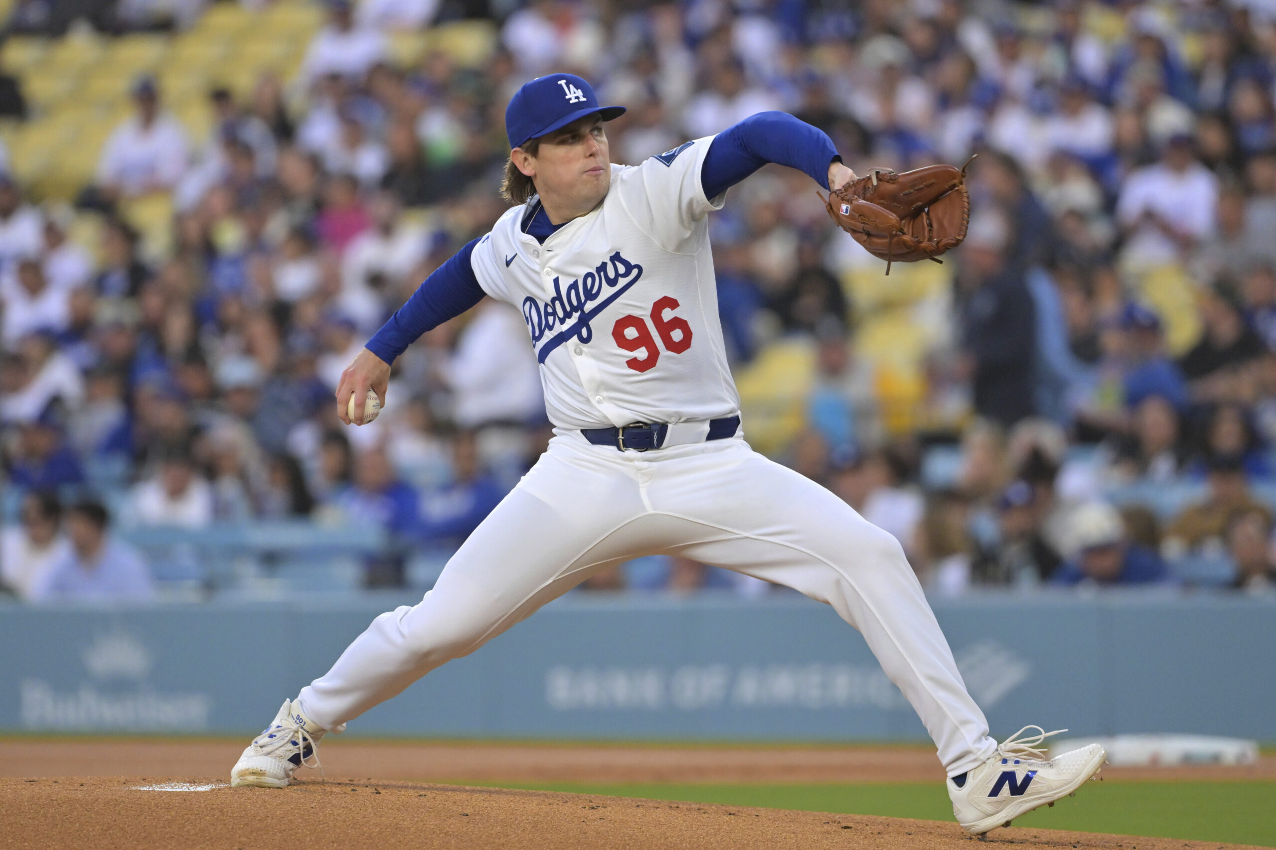Dodgers starting pitcher Landon Knack throws to the plate during...