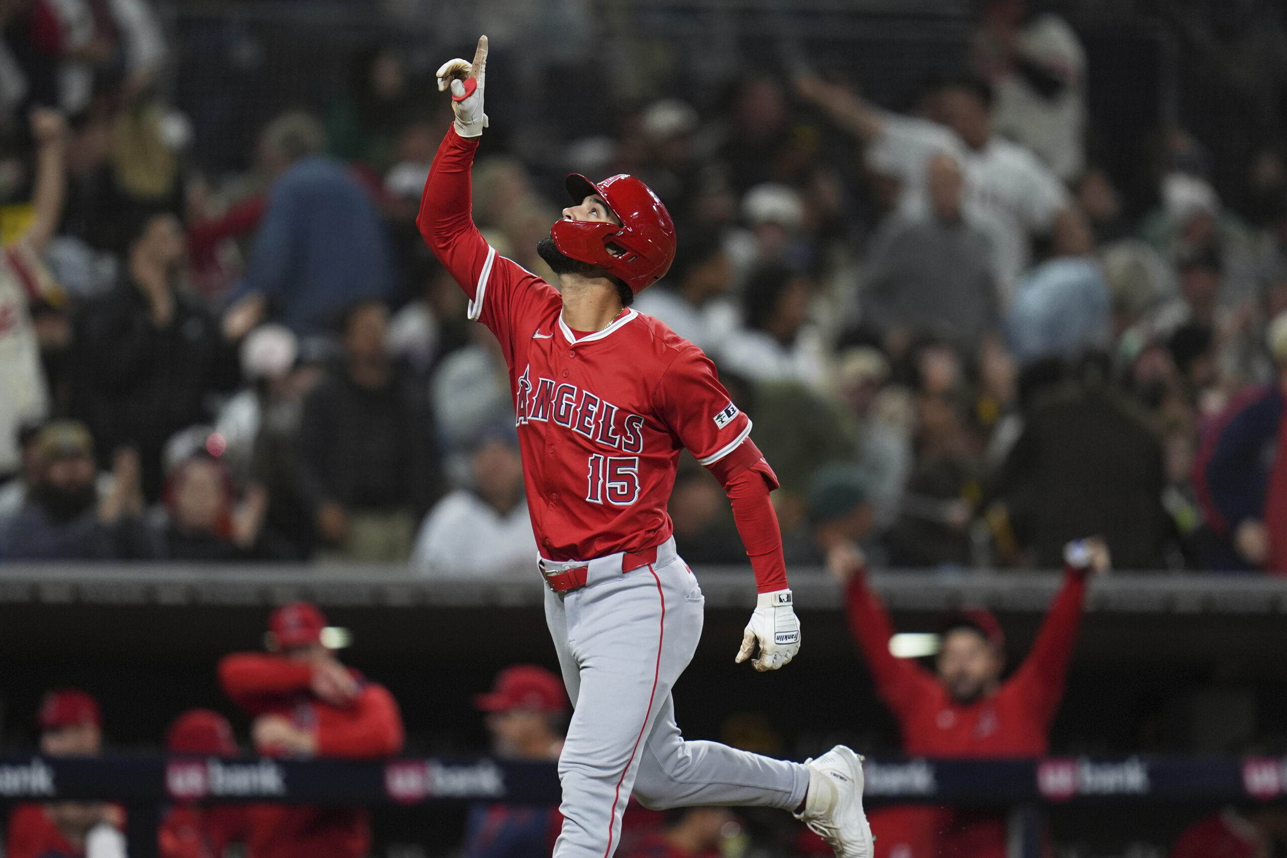 The Angels’ Matthew Lugo celebrates as he runs the bases...