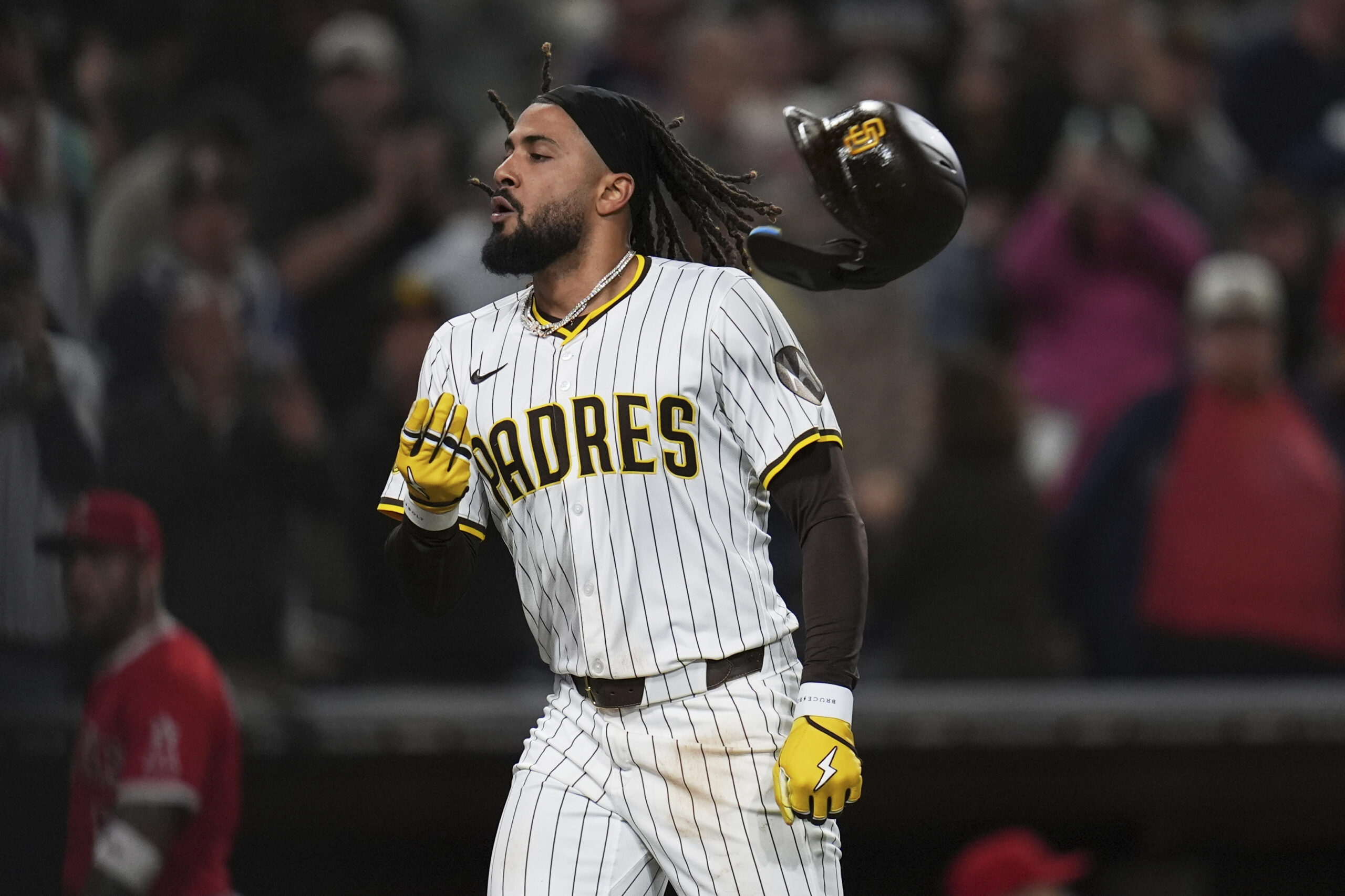 San Diego Padres star Fernando Tatis Jr. celebrates after hitting...