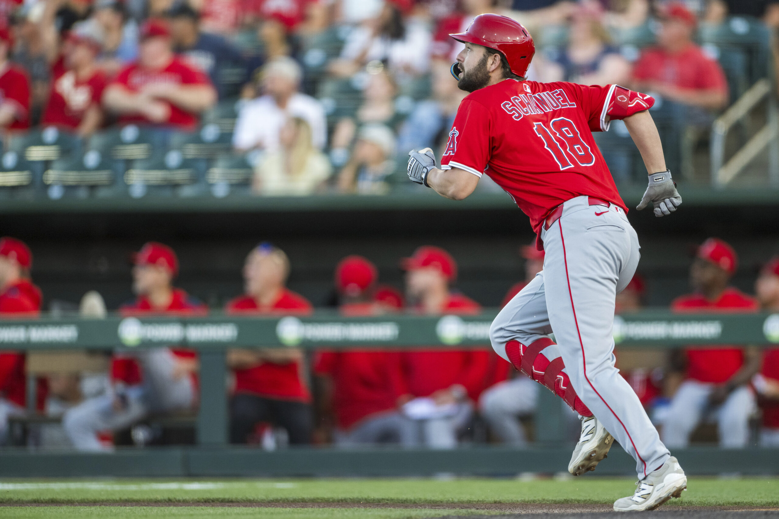 Angels’ Nolan Schanuel runs after hitting a home run during...