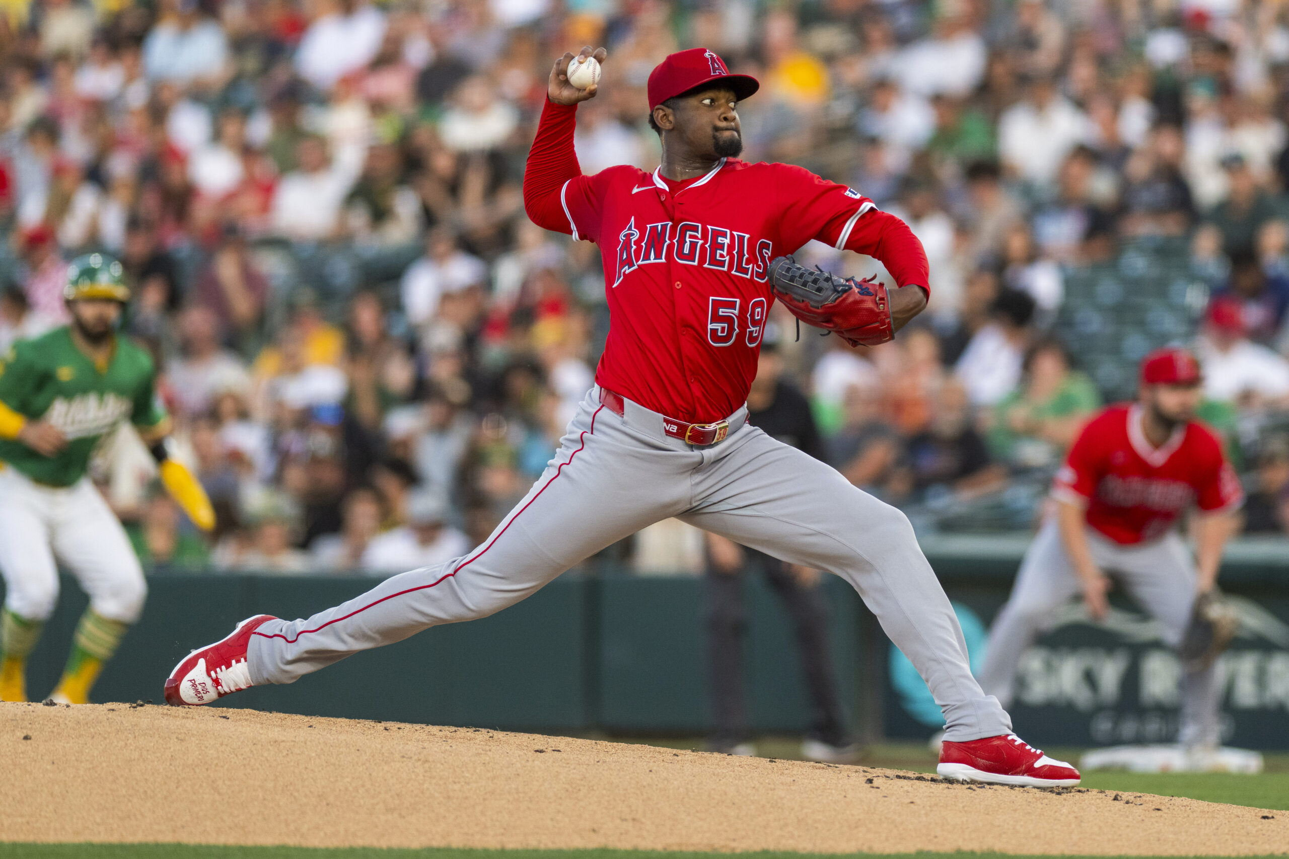 Angels pitcher José Soriano (59) throws during the first inning...