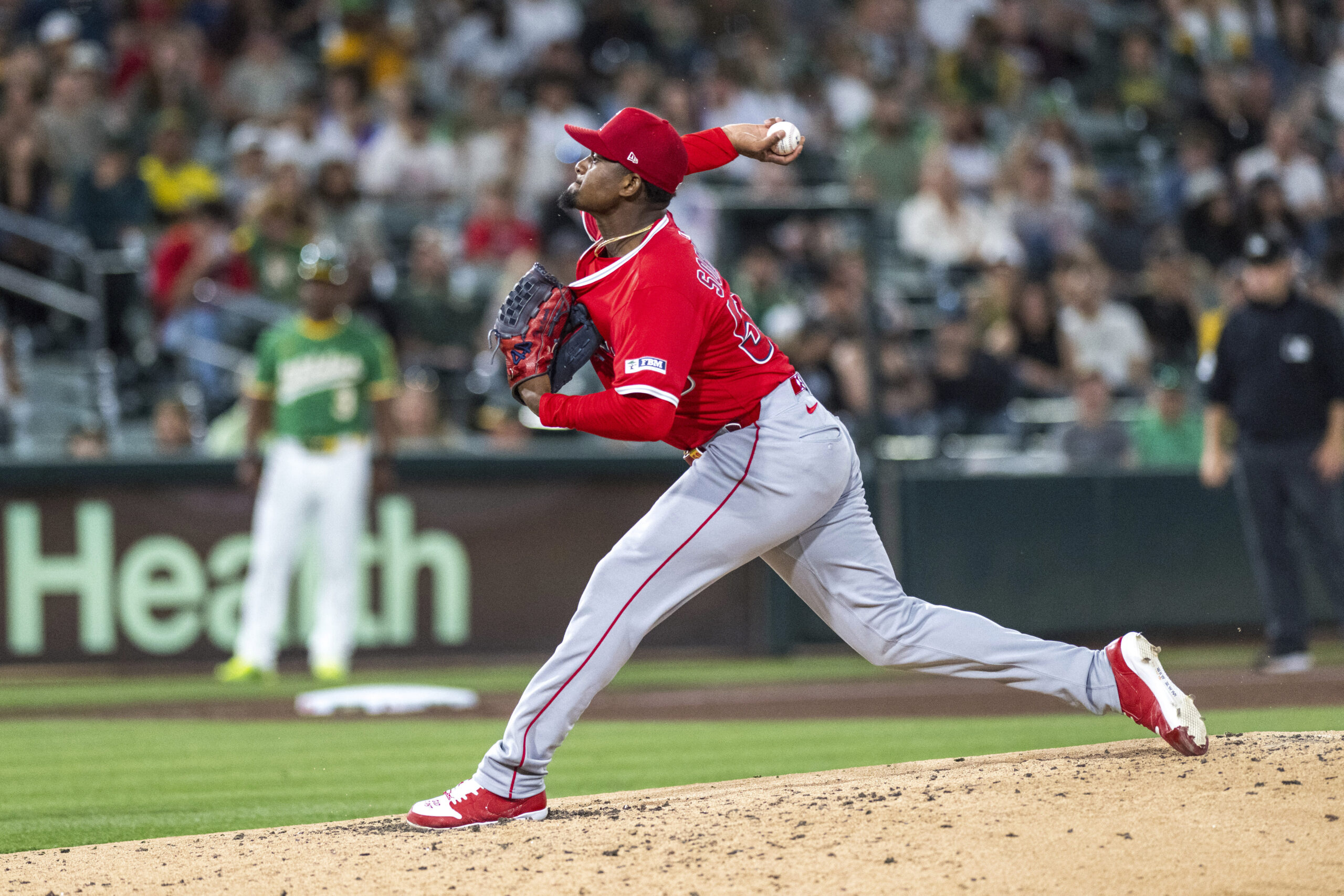 Angels pitcher José Soriano (59) throws during the fifth inning...