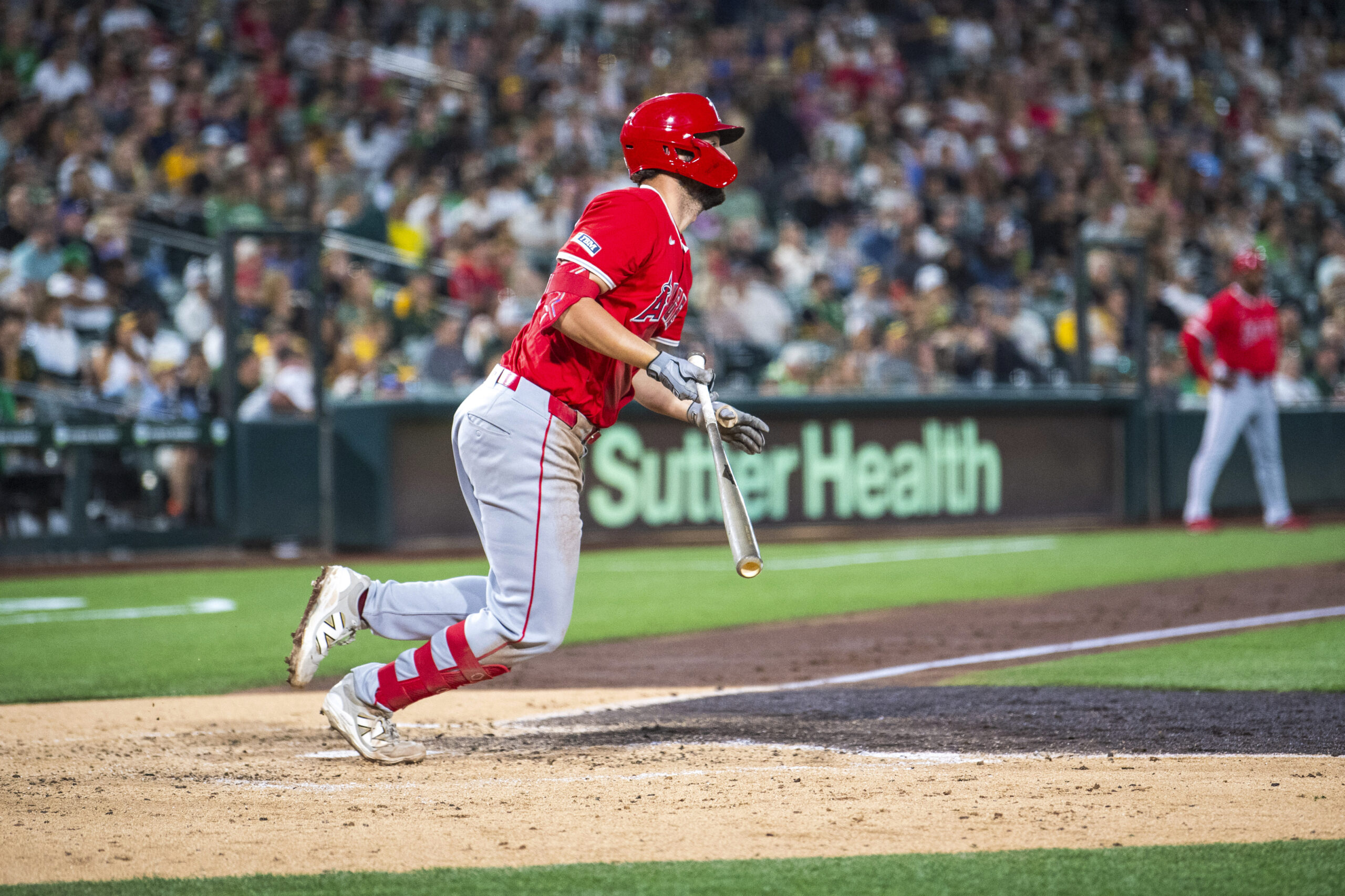 Angels’ Nolan Schanuel (18) hits during the fifth inning of...