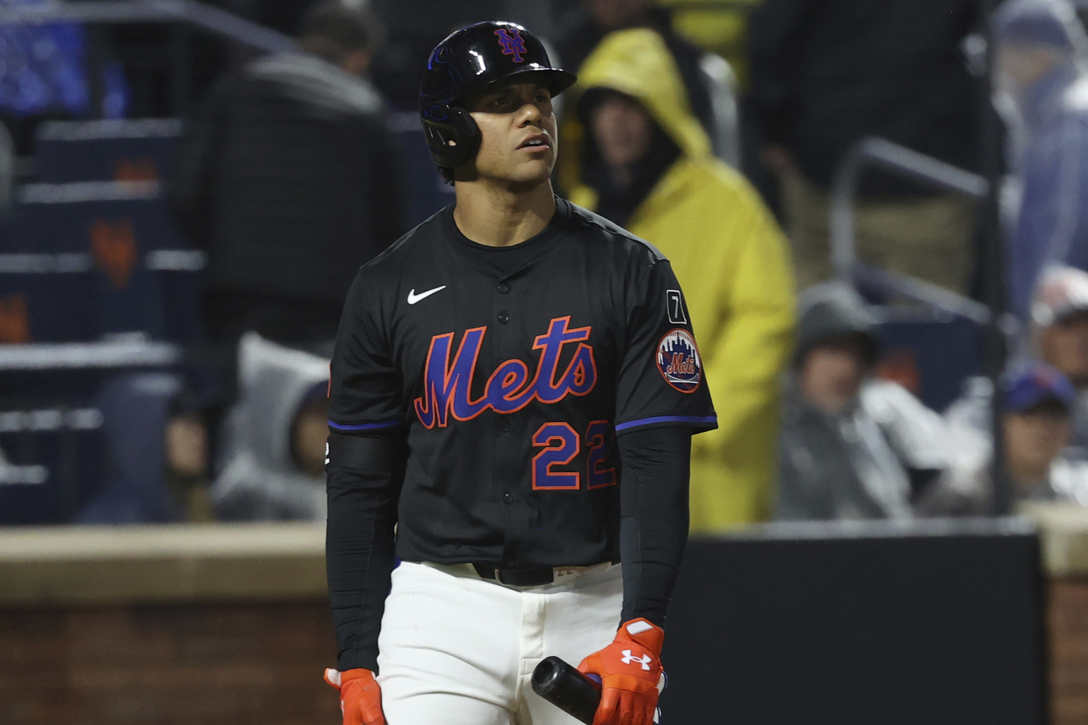 New York Mets star Juan Soto reacts after being called...