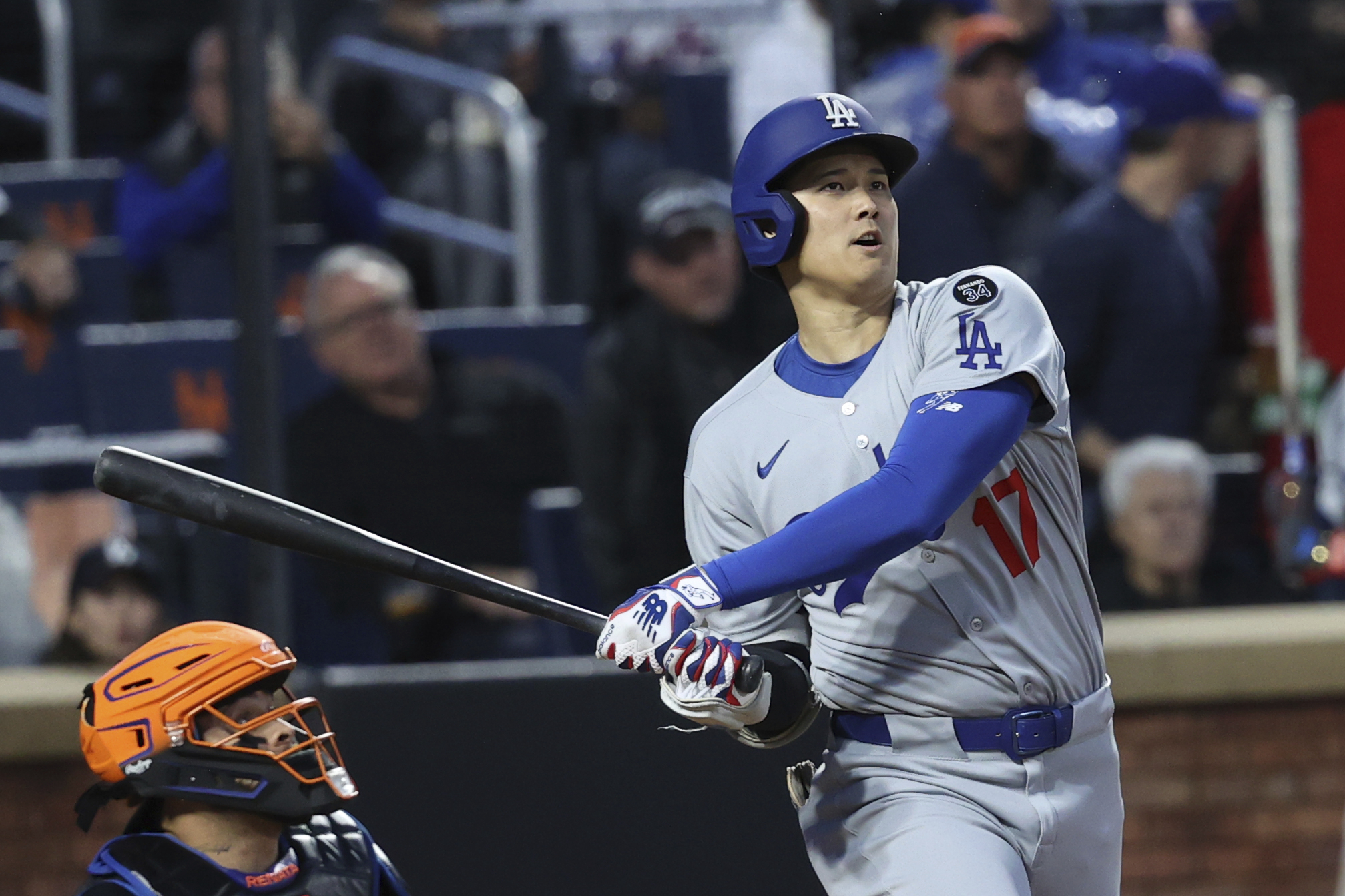 Dodgers star Shohei Ohtani bats during the third inning of...