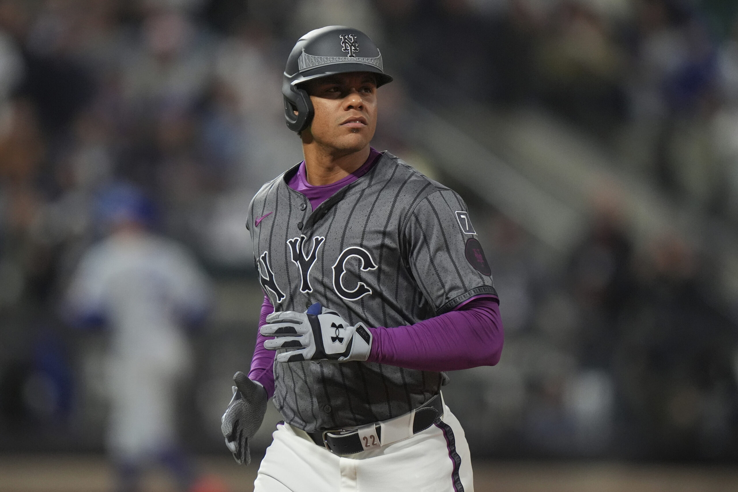 New York Mets’ Juan Soto reacts after the fourth inning...