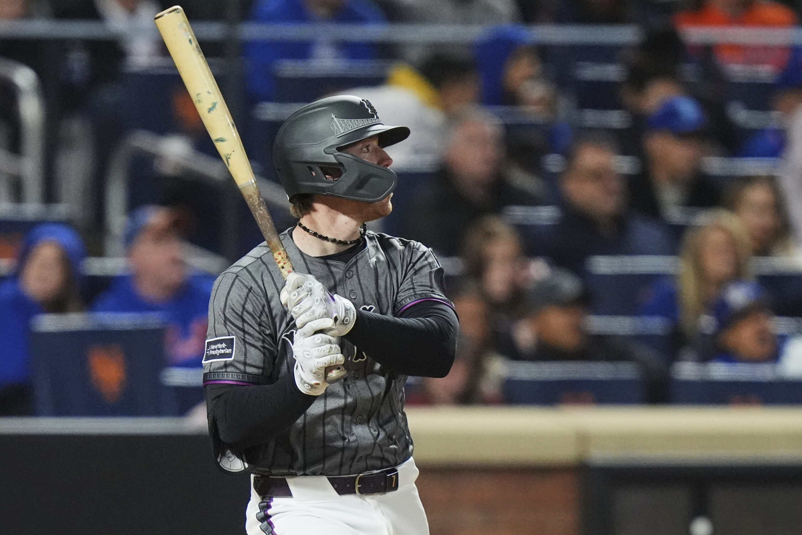 New York Mets’ Brett Baty hits an RBI double during...