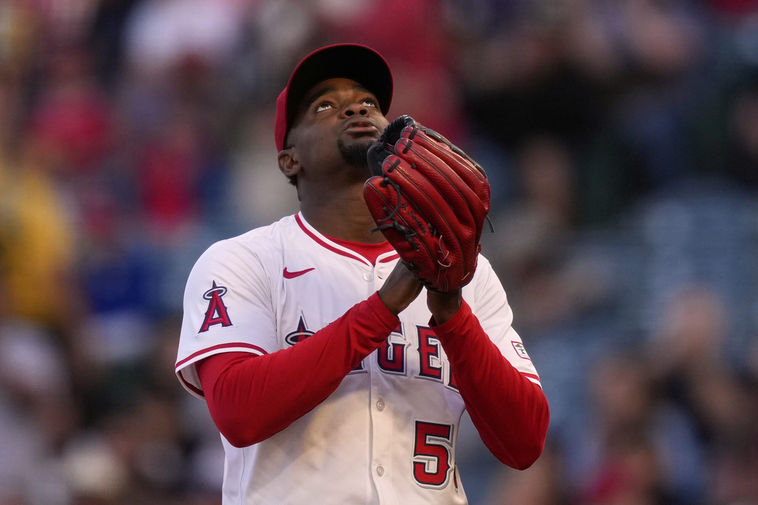 Angels starting pitcher Jose Soriano gestures after finishing the top...