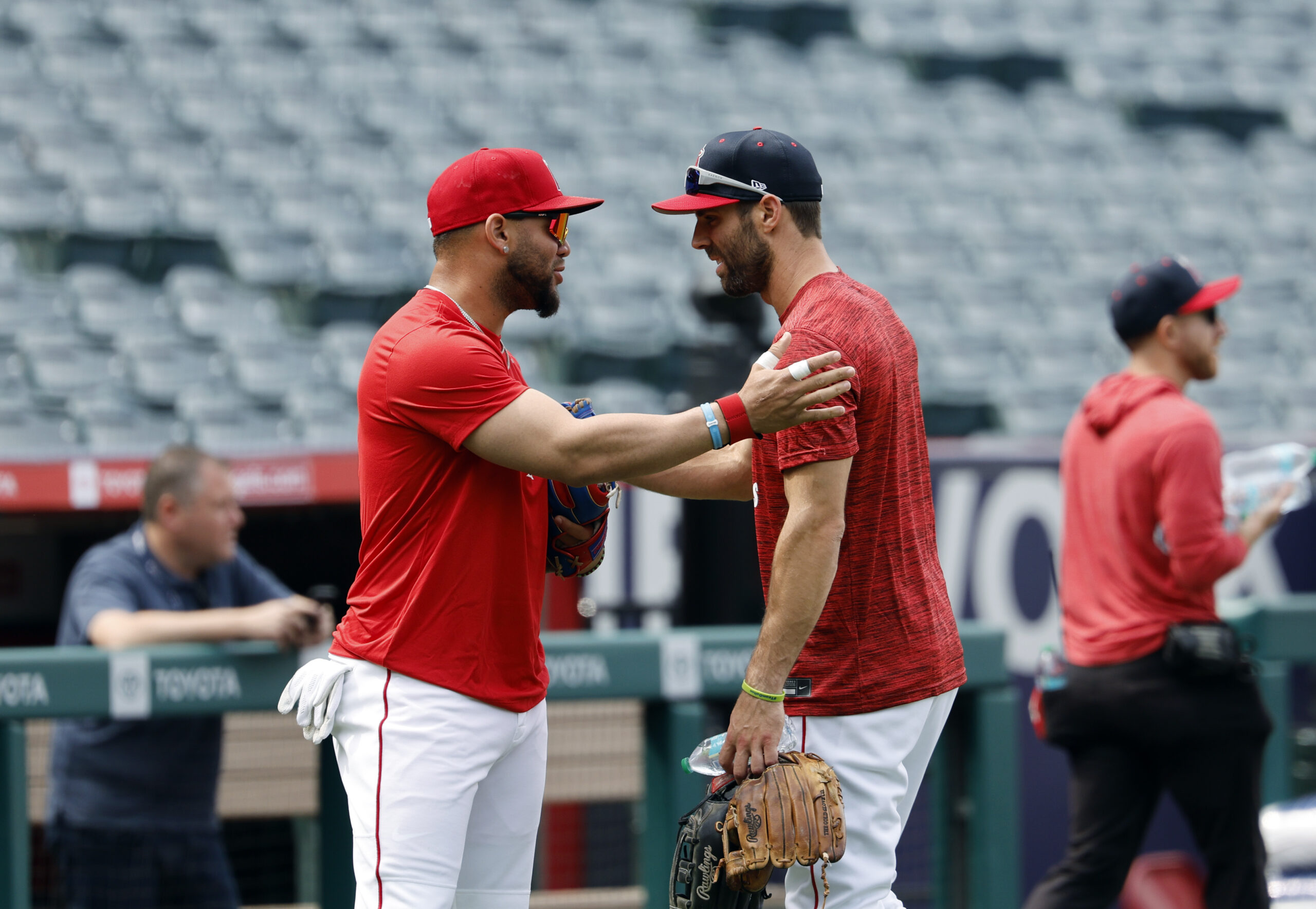 New Angels utility man Chris Taylor, right, is greeted by...