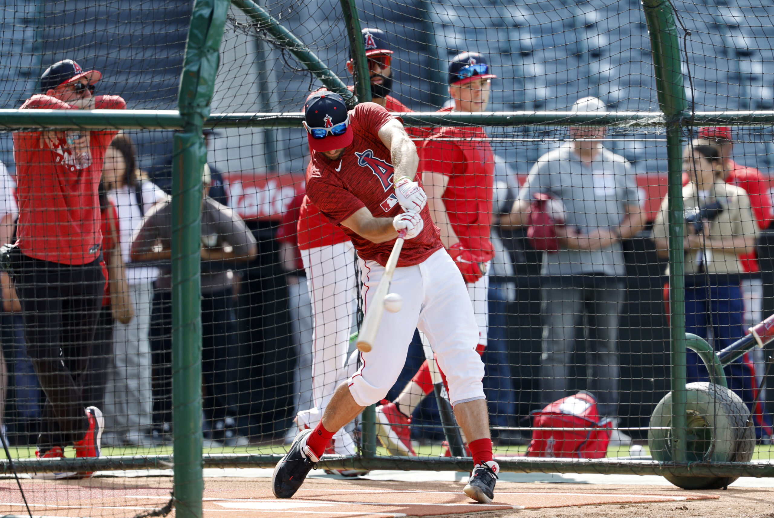 New Angels utility man Chris Taylor takes batting practice before...