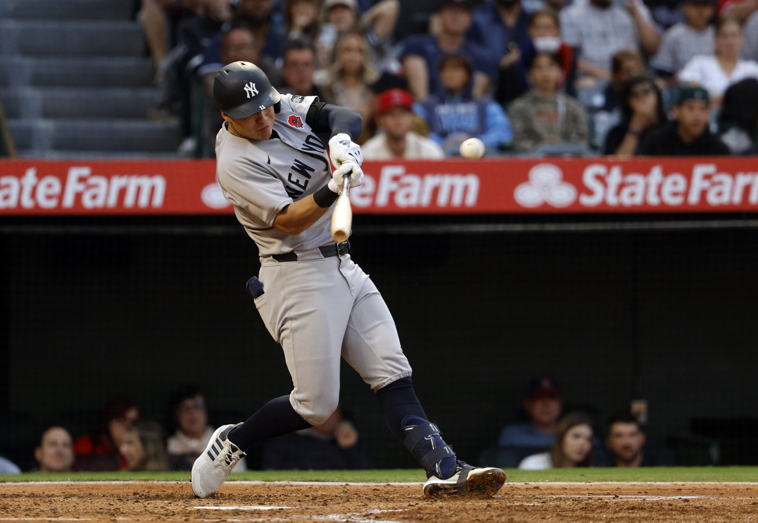 The New York Yankees’ Anthony Volpe hits three-run double against...