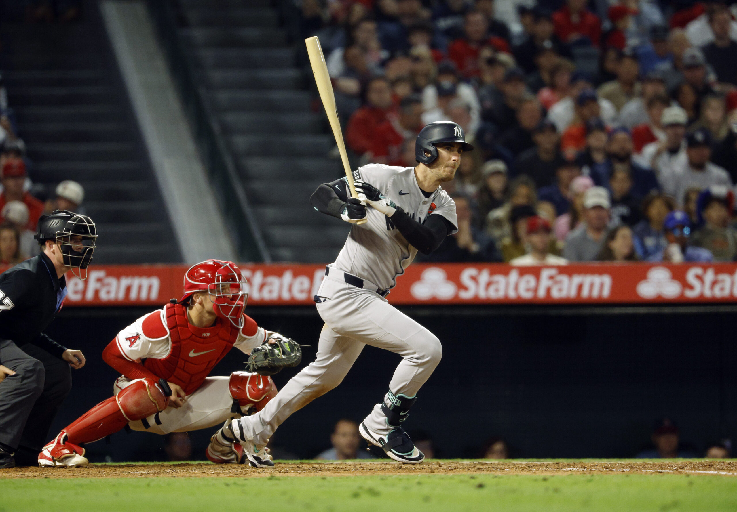 The New York Yankees’ Cody Bellinger hits a base hit...
