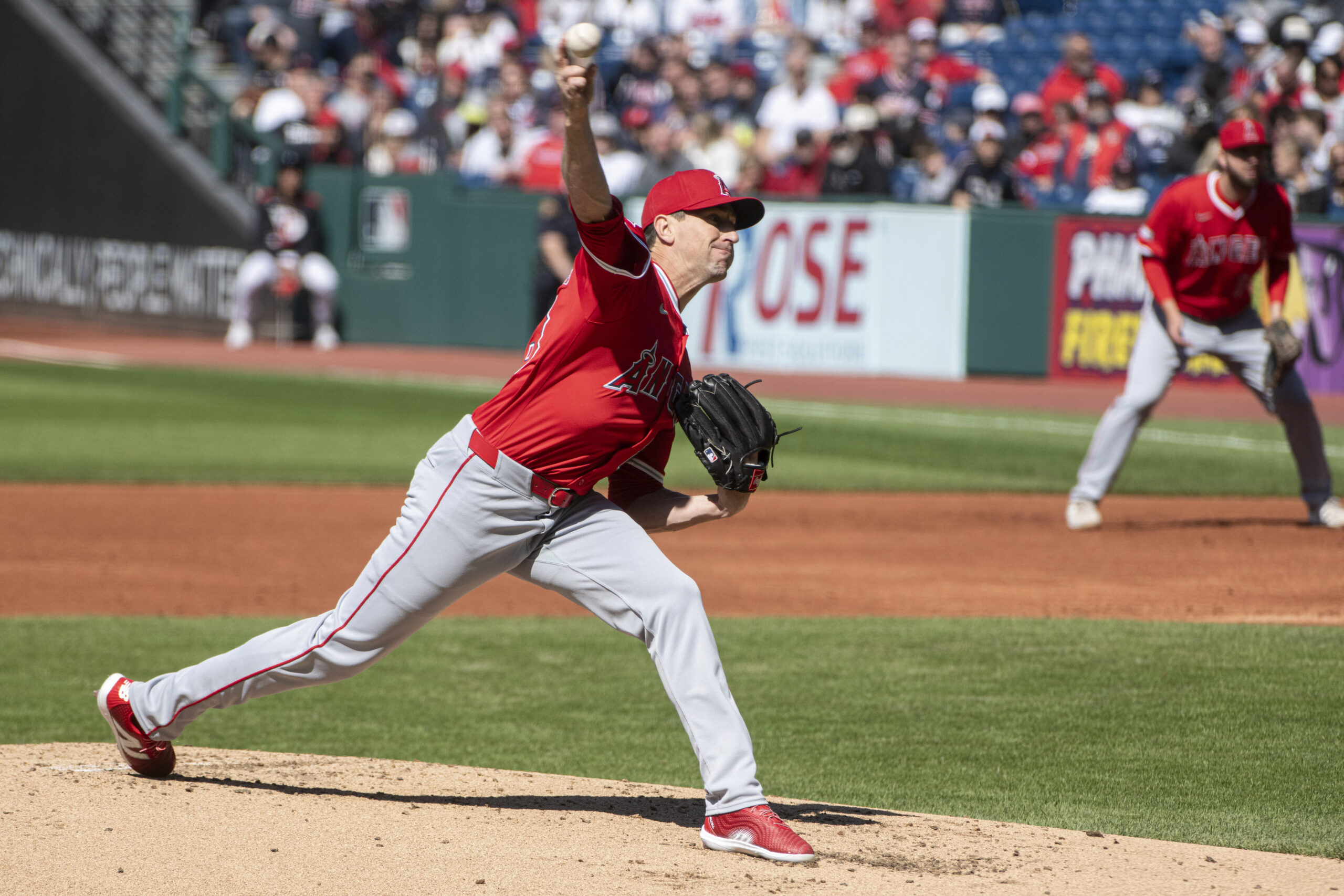 Angels starting pitcher Kyle Hendricks delivers against the Cleveland Guardians...