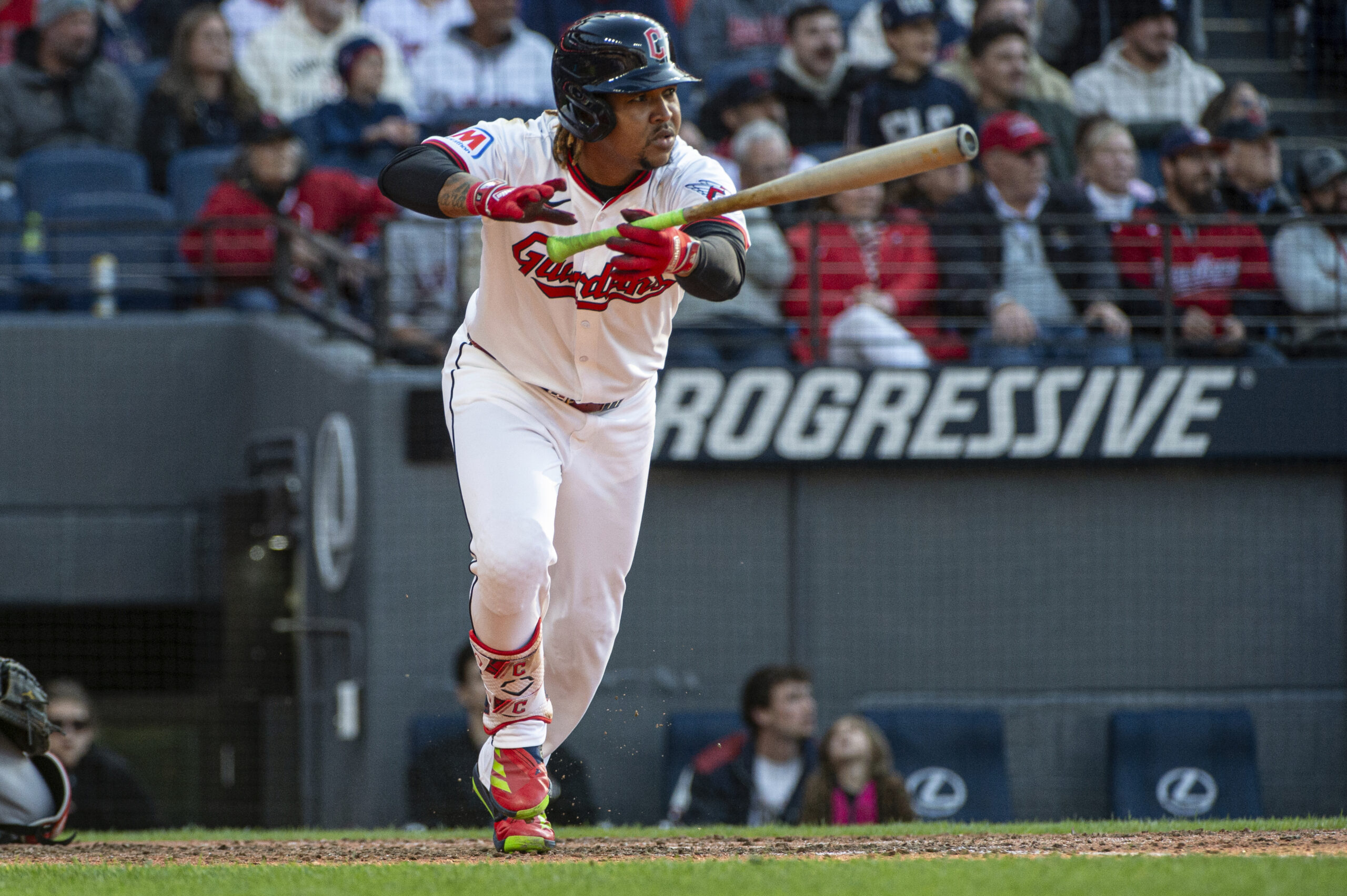 Cleveland Guardians’ Jose Ramirez watches his single off Angels relief...