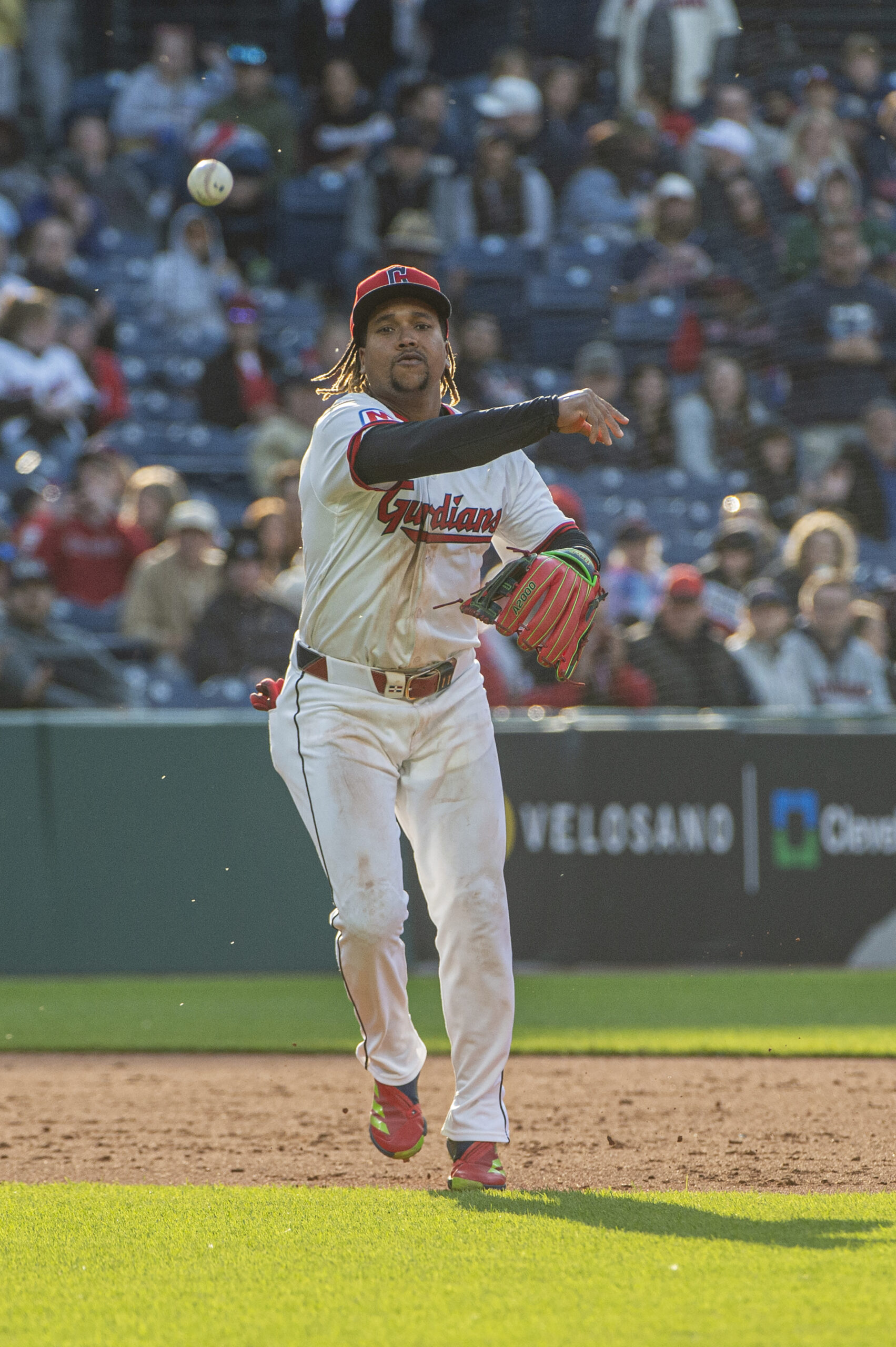 Cleveland Guardians’ Jose Ramirez throws out Angels’ Zach Neto at...