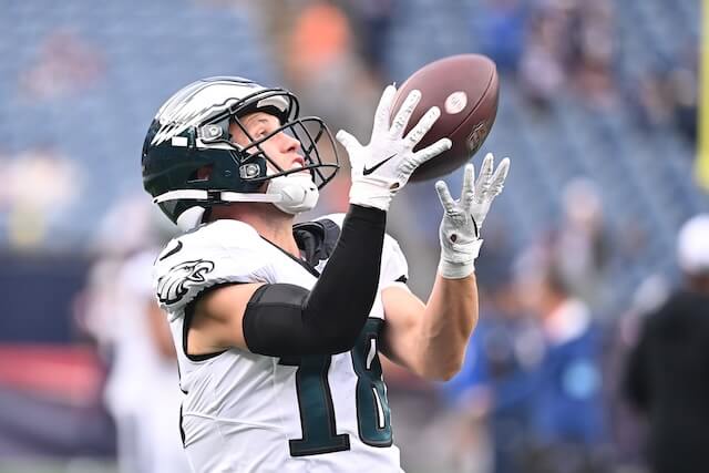 Aug 15, 2024; Foxborough, MA, USA; Philadelphia Eagles wide receiver Britain Covey (18) warms up before a game against the New England Patriots at Gillette Stadium. Mandatory Credit: Eric Canha-USA TODAY Sports Britain Covey, Rams, Eagles