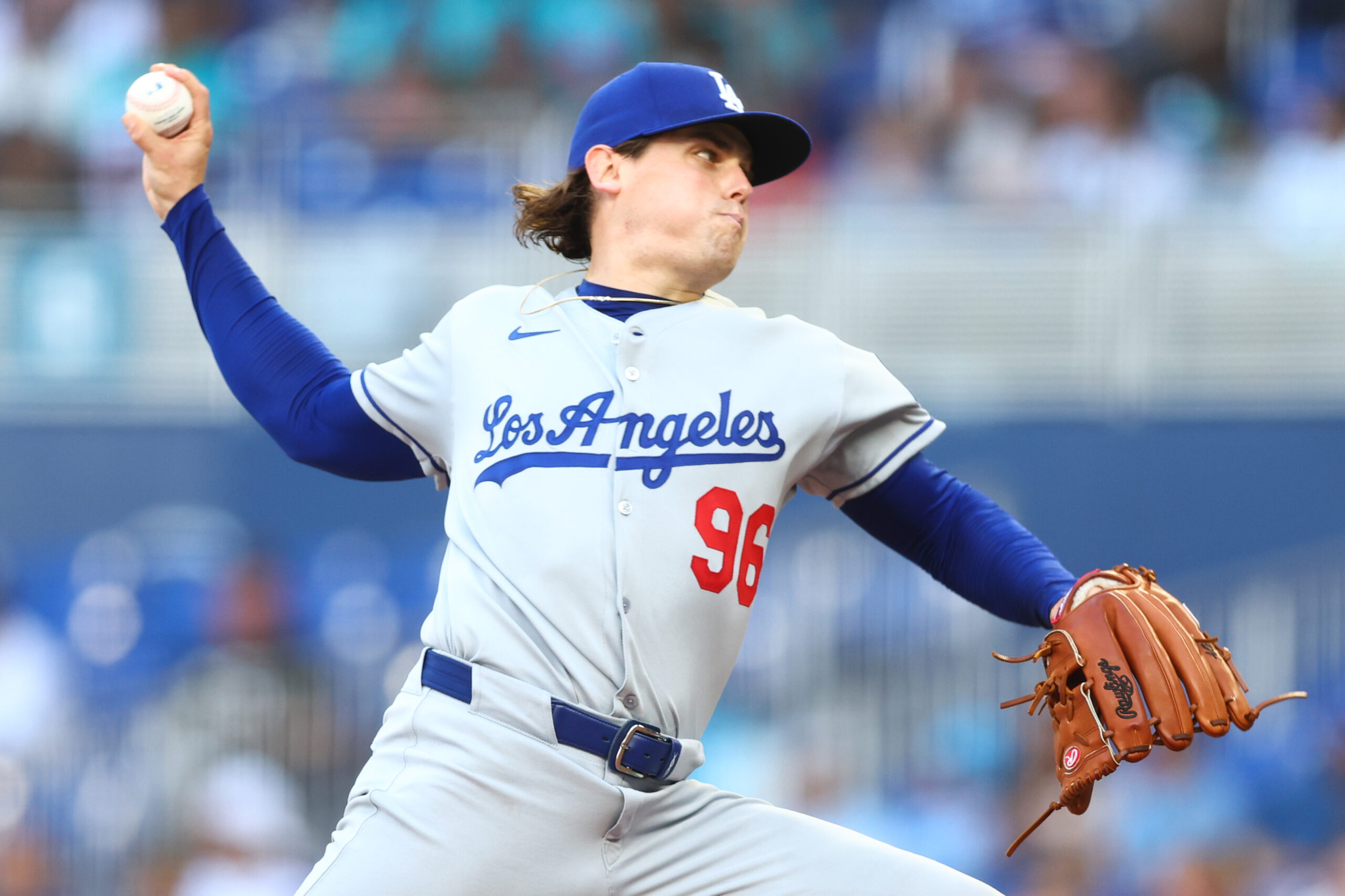 Dodgers starting pitcher Landon Knack throws to the plate during...