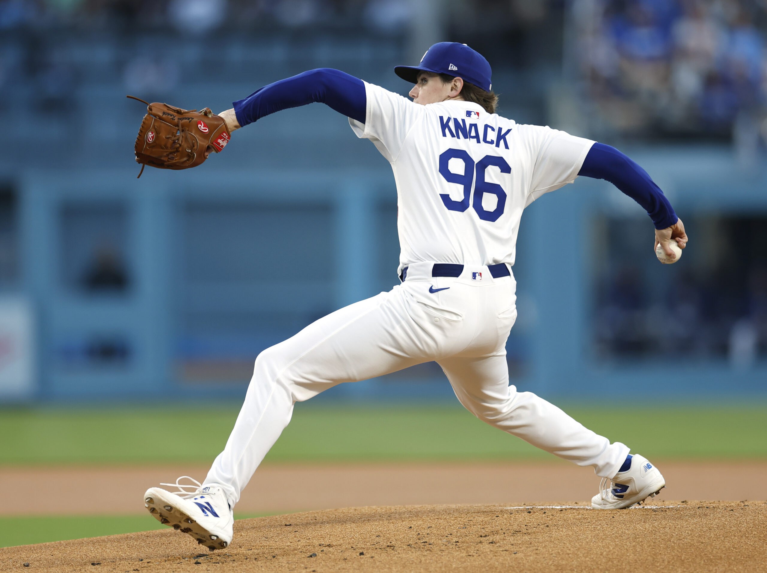 Dodgers starting pitcher Landon Knack throws to the plate during...