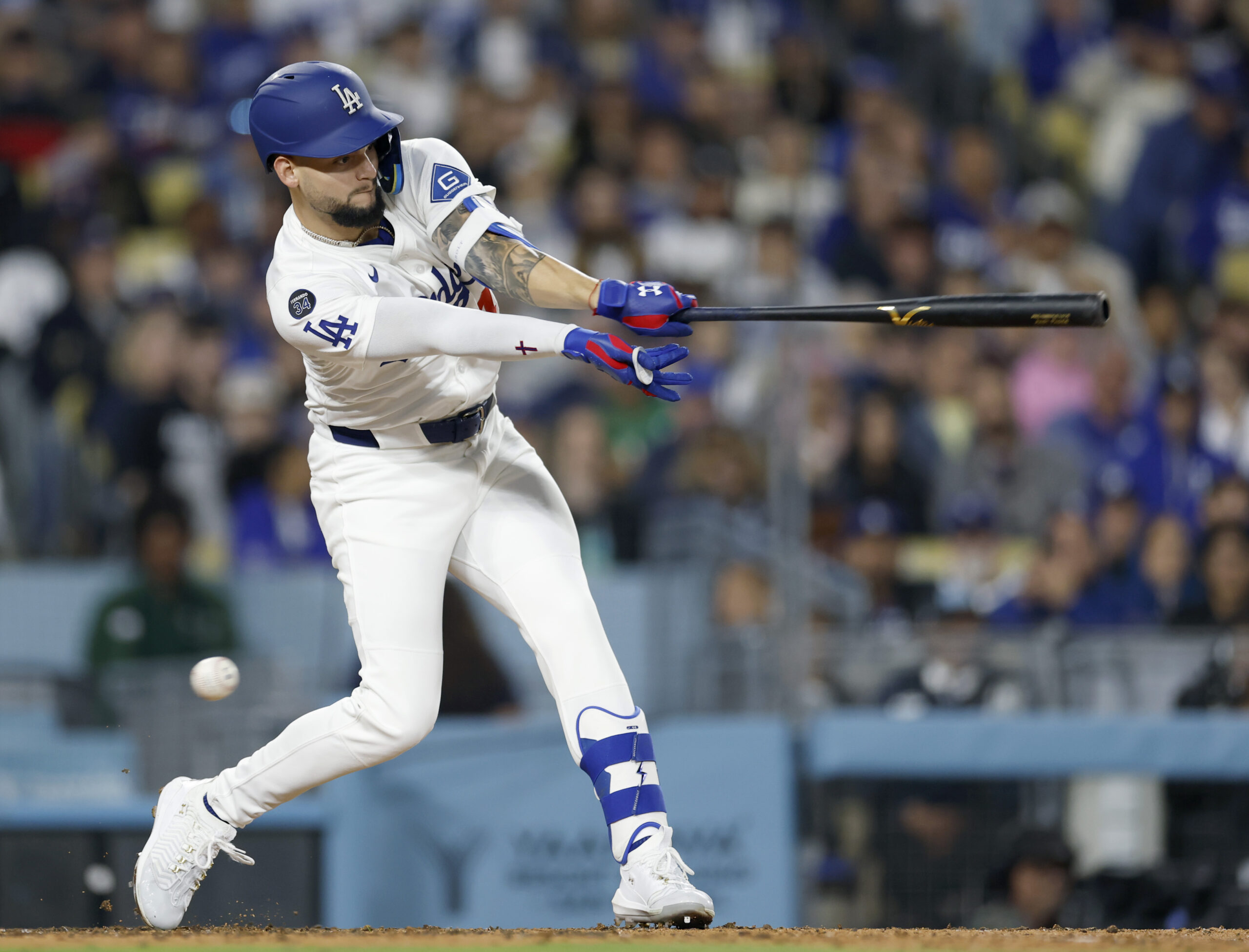 The Dodgers’ Andy Pages strikes out during the sixth inning...