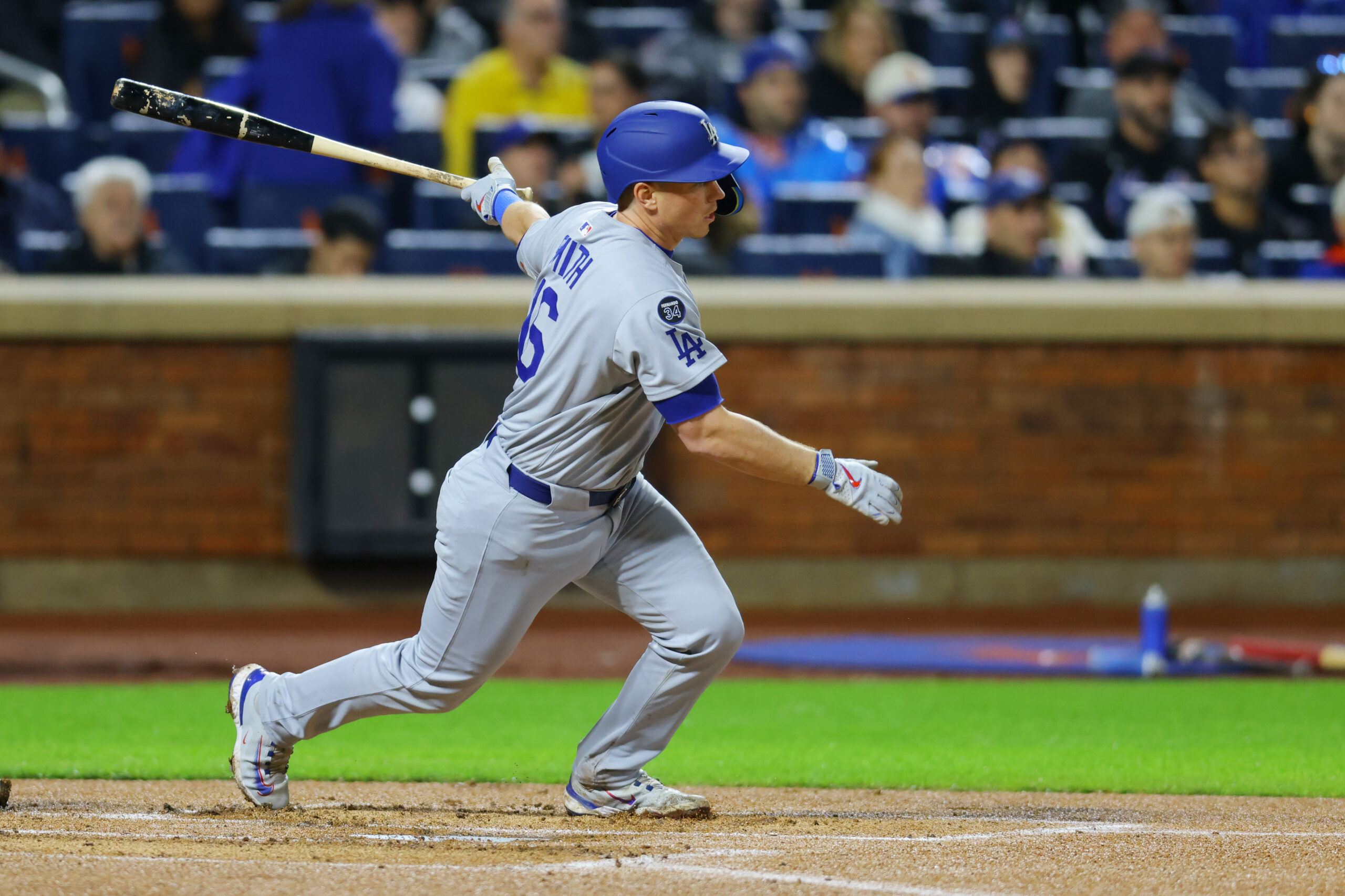 The Dodgers’ Andy Pages hits an RBI single during the...