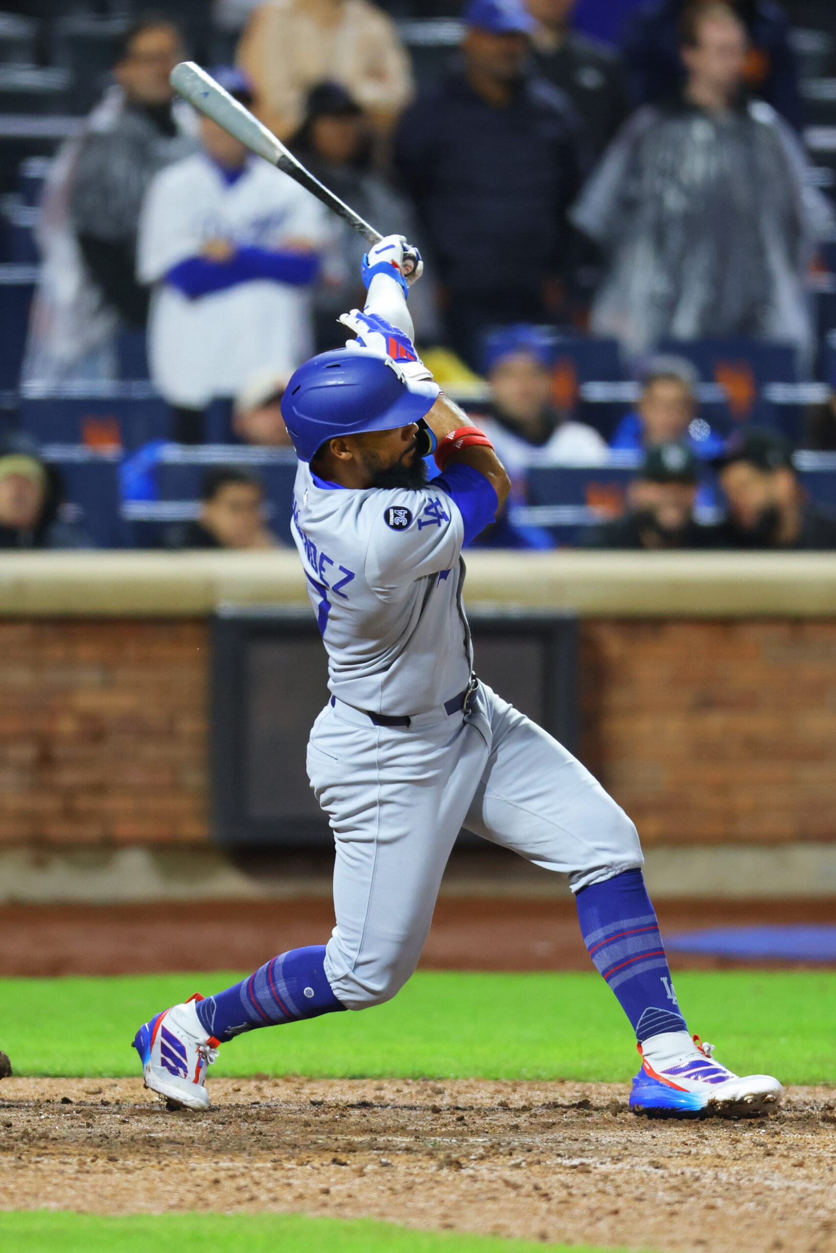 The Dodgers’ Teoscar Hernández hits an RBI double during the...