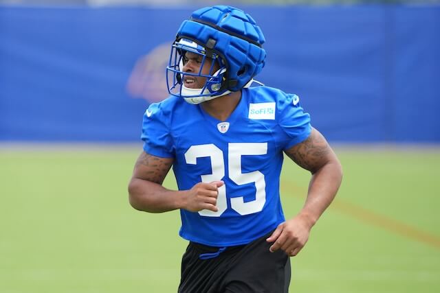 May 28, 2025; Woodland Hills, CA, USA; Los Angeles Rams running back Jarquez Hunter (35) runs to sideline during organized team activities at Rams Practice Facility. Mandatory Credit: Kirby Lee-Imagn Images Jarquez Hunter, Rams
