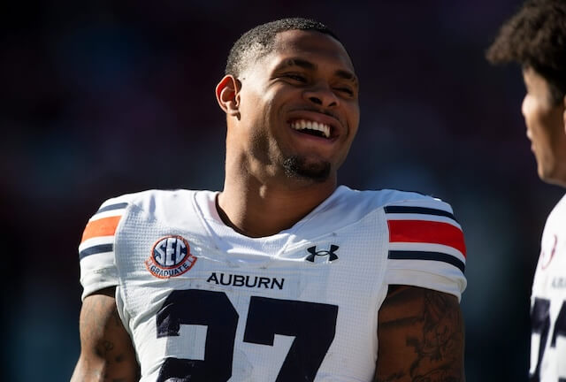 Auburn Tigers running back Jarquez Hunter (27) jokes with teammates during warm ups as Auburn Tigers take on Alabama Crimson Tide at Bryant-Denny Stadium in Tuscaloosa, Ala., on Saturday, Nov. 30, 2024. Jarquez Hunter, Rams