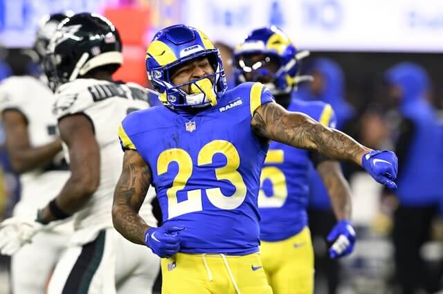 Nov 24, 2024; Inglewood, California, USA; Los Angeles Rams running back Kyren Williams (23) reacts after a long run against the Philadelphia Eagles during the first half at SoFi Stadium. Mandatory Credit: Alex Gallardo-Imagn Images Kyren Williams, Rams