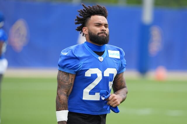 May 28, 2025; Woodland Hills, CA, USA; Los Angeles Rams running back Kyren Williams (23) runs out to the practice field during organized team activities at Rams Practice Facility. Mandatory Credit: Kirby Lee-Imagn Images Kyren Williams, Rams