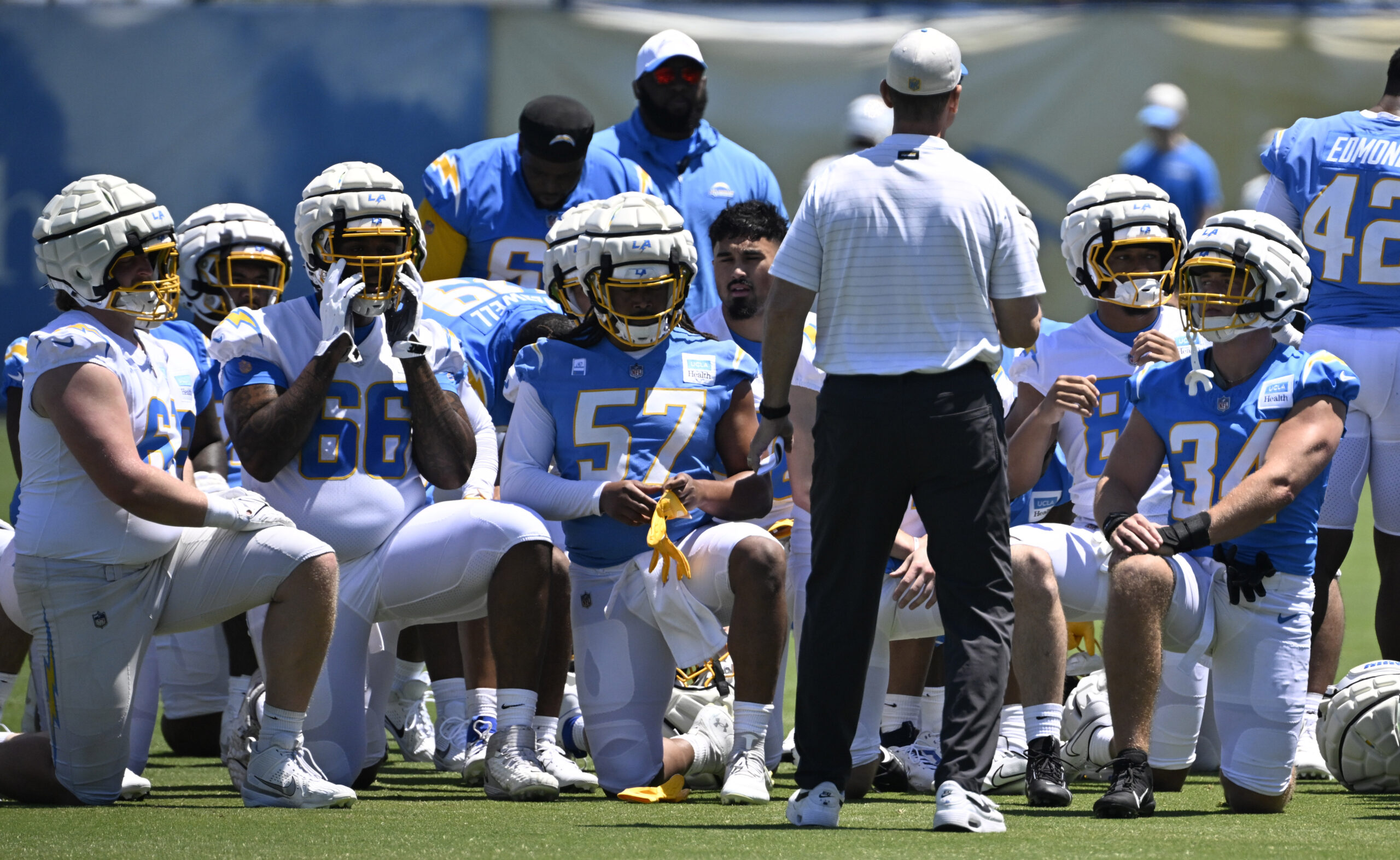 Chargers head coach Jim Harbaugh speaks to his team during...