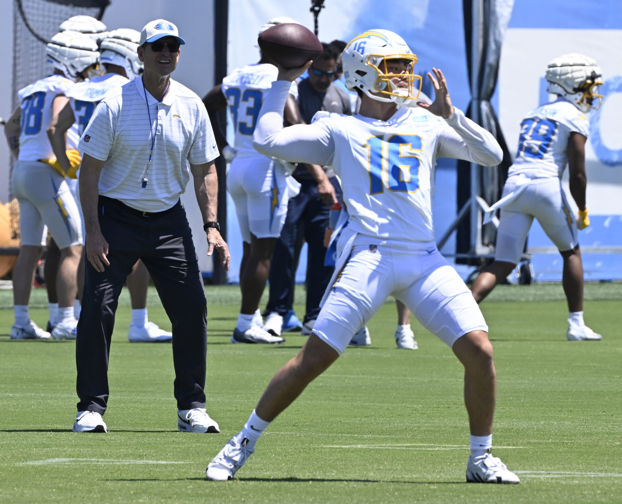 Chargers quarterback Jameson Wang goes through drills during a rookie...